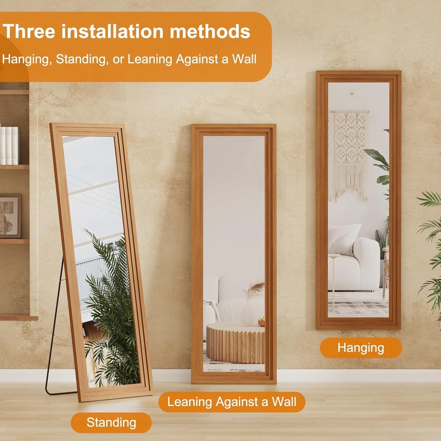 Three installation methods of a wooden mirror on a wall.