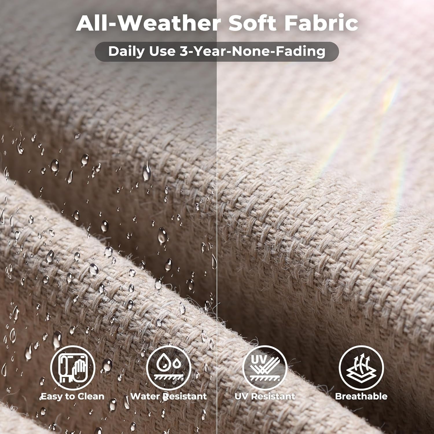 Textured fabric with water droplets and icons indicating ease of cleaning, water resistance, UV resistance, and breathability.