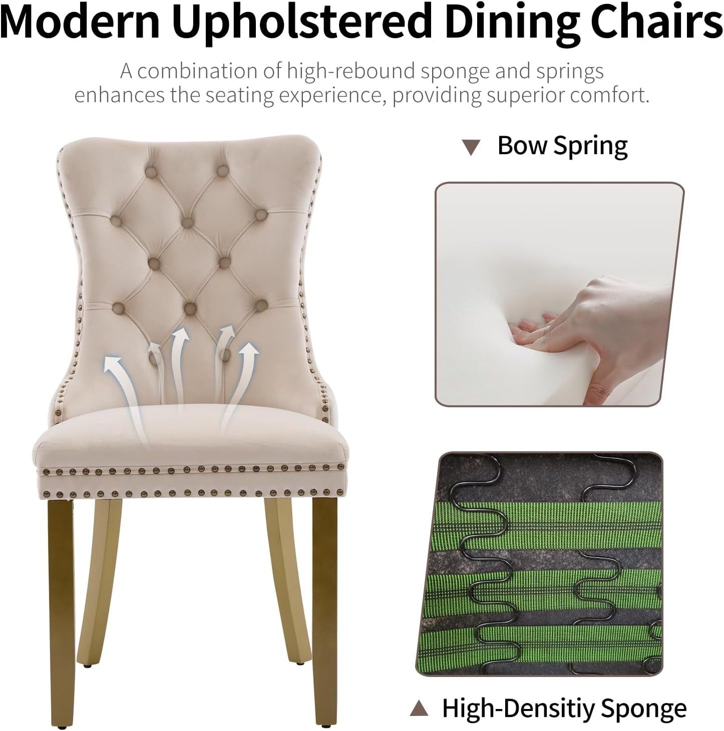 Beige upholstered dining chair with bow spring and high-density sponge features on a white background.