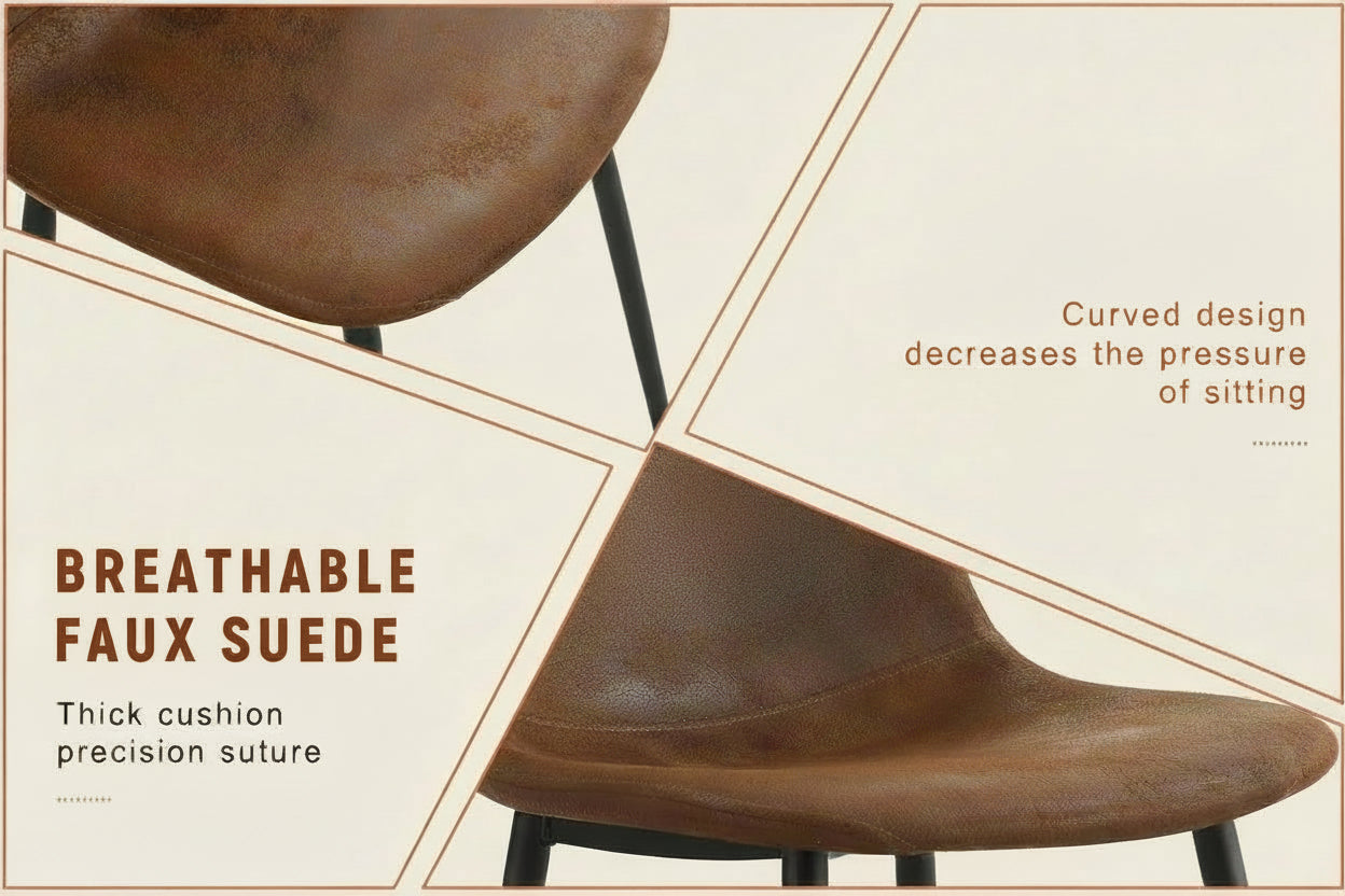 Brown leather chair with text highlighting features like 'enlarged and widened seat' and 'breathable faux suede'.