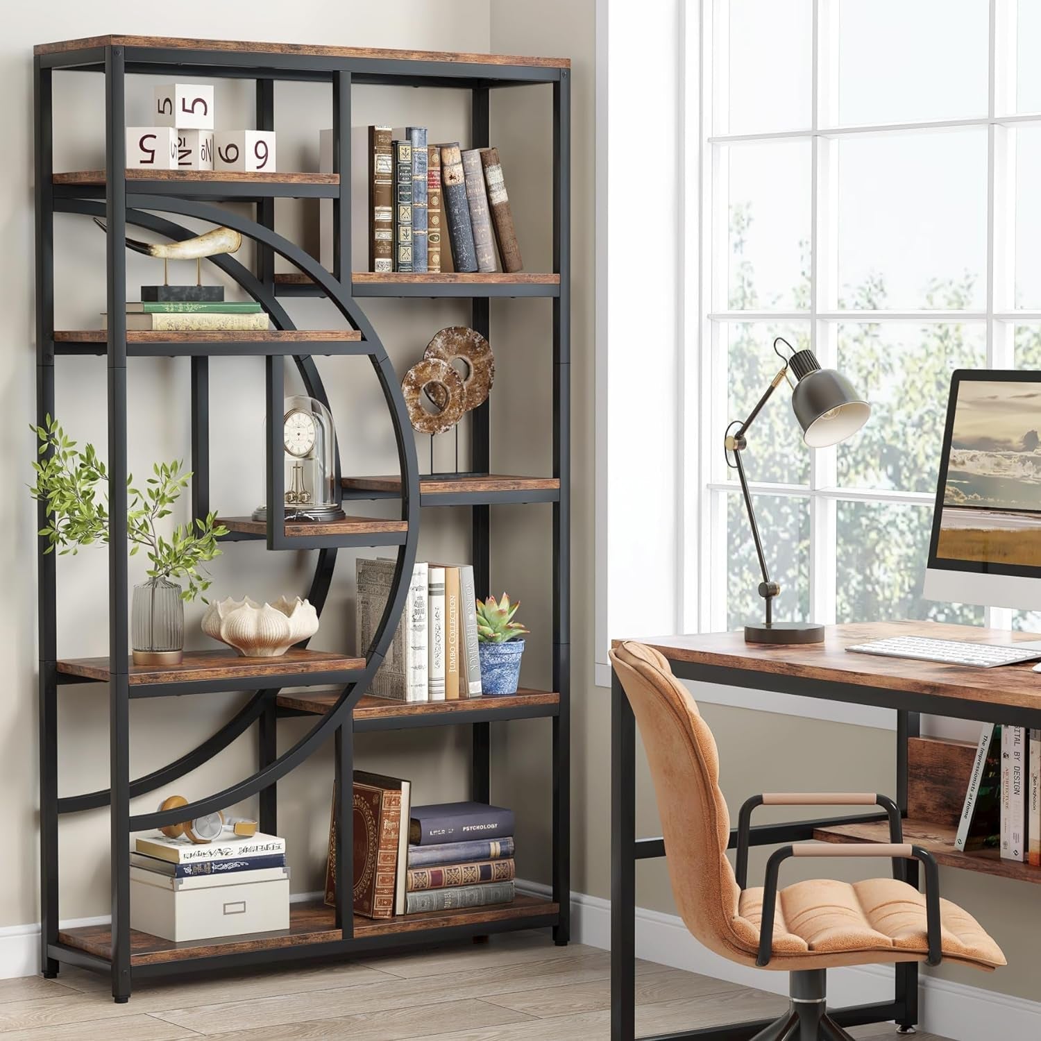 Bookshelf with decorative items in a home office setting