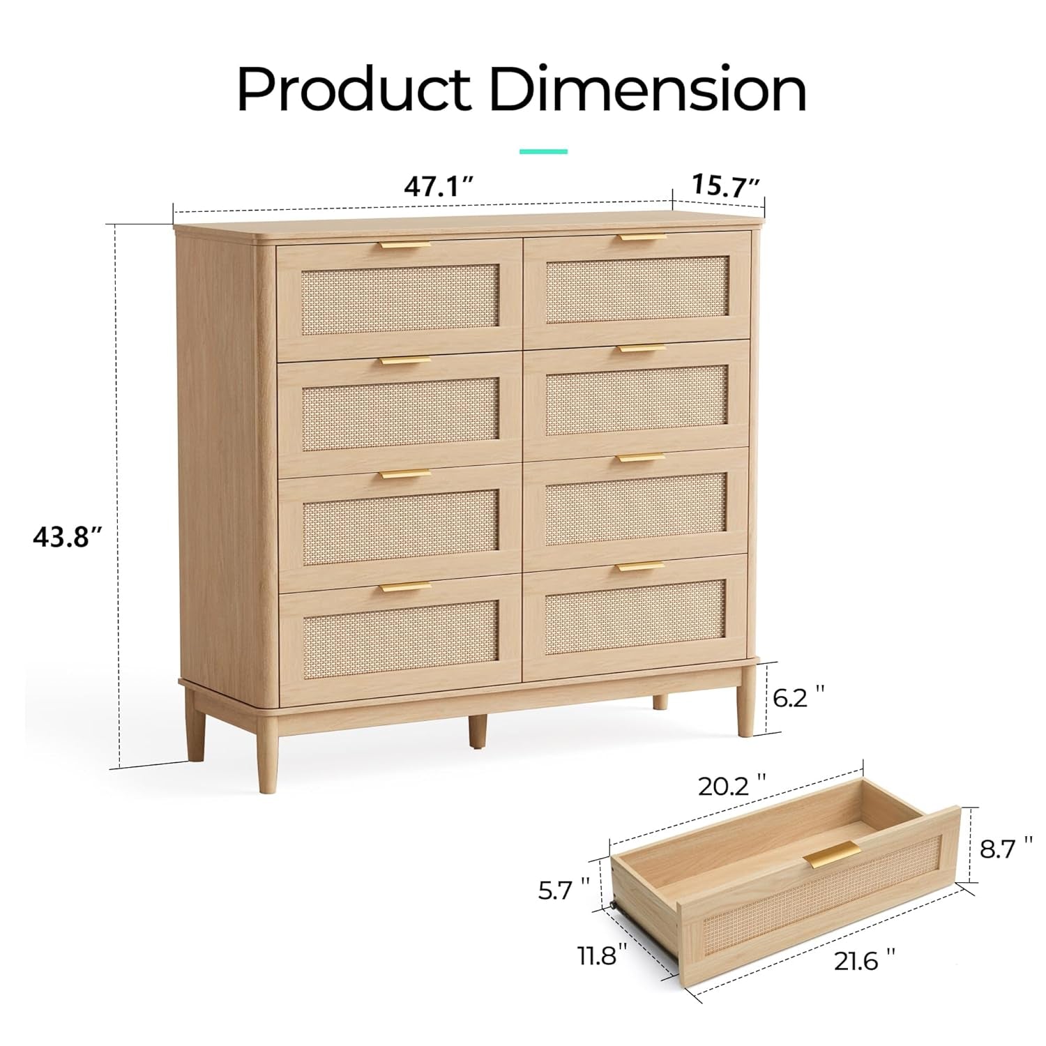 Wooden dresser with dimensions labeled on a white background