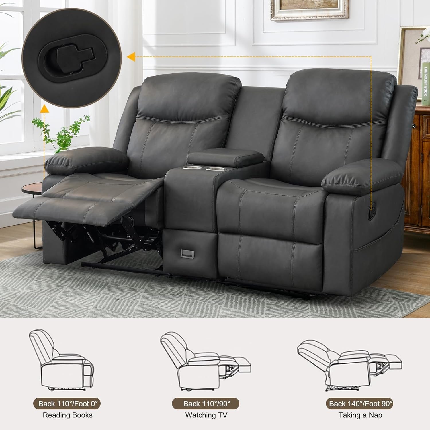 Gray recliner sofa with armrest cup holders in a living room setting