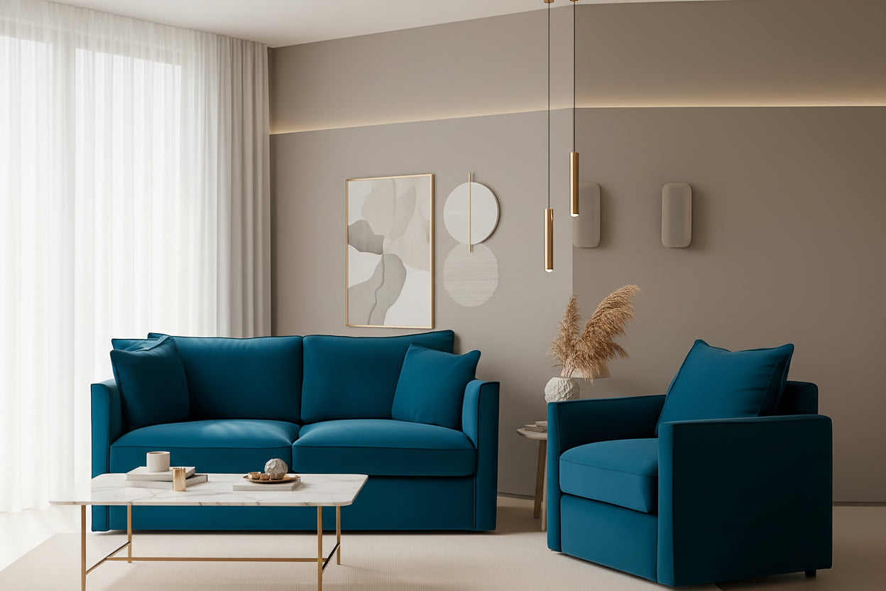 Modern living room with blue sofa, coffee table, and decorative elements.