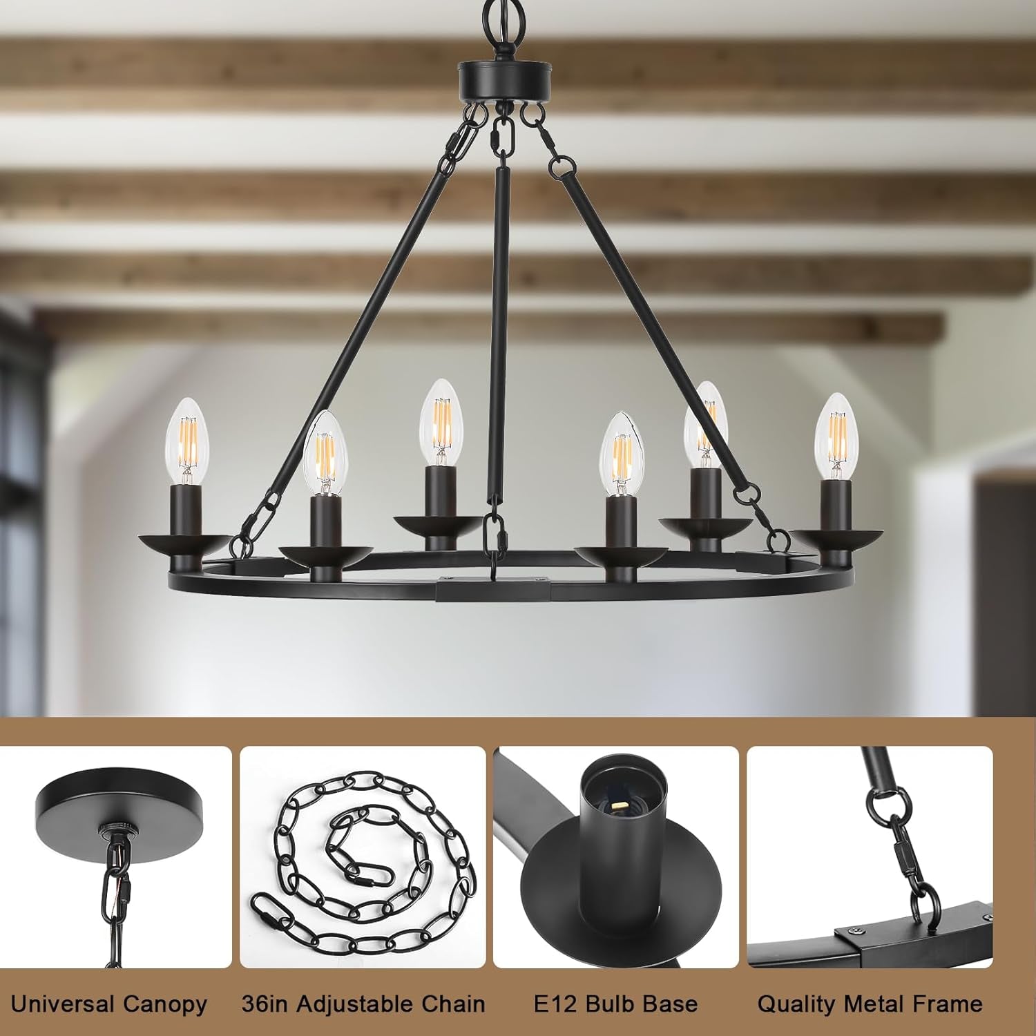 Black chandelier with six light bulbs against a neutral background