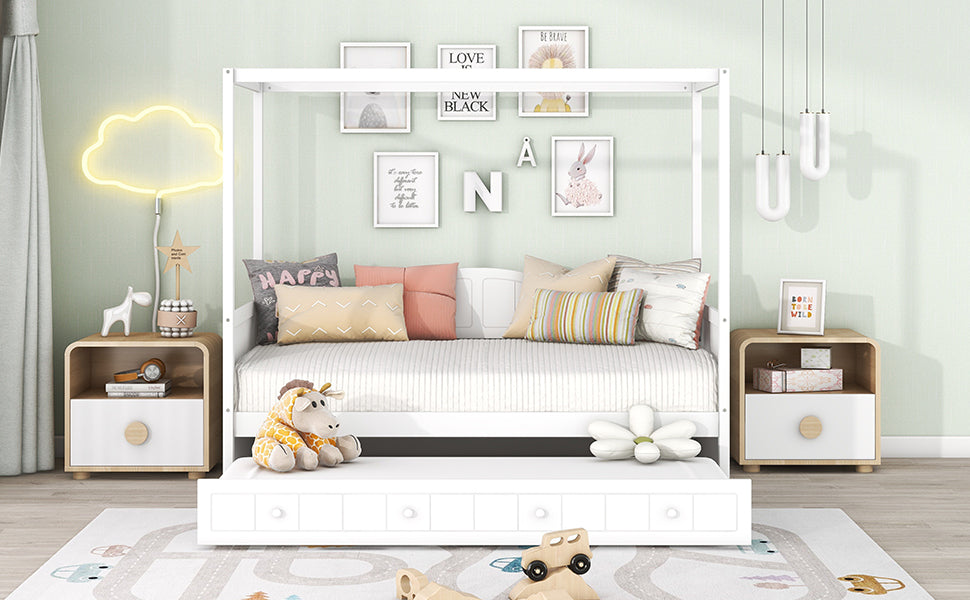 Twin Size Canopy Day Bed with Twin Size Trundle and Underbed Storage