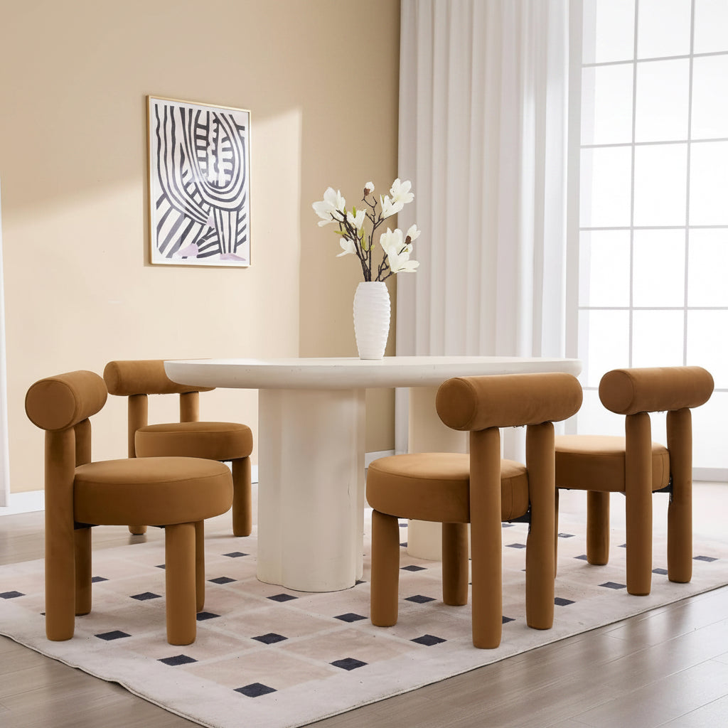 Dining table with brown chairs in a room with a rug and window.