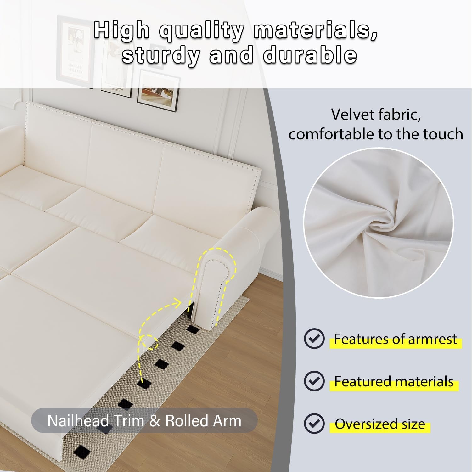 King Size Multifunctional Sleeper Sofa Beige Velvet-4