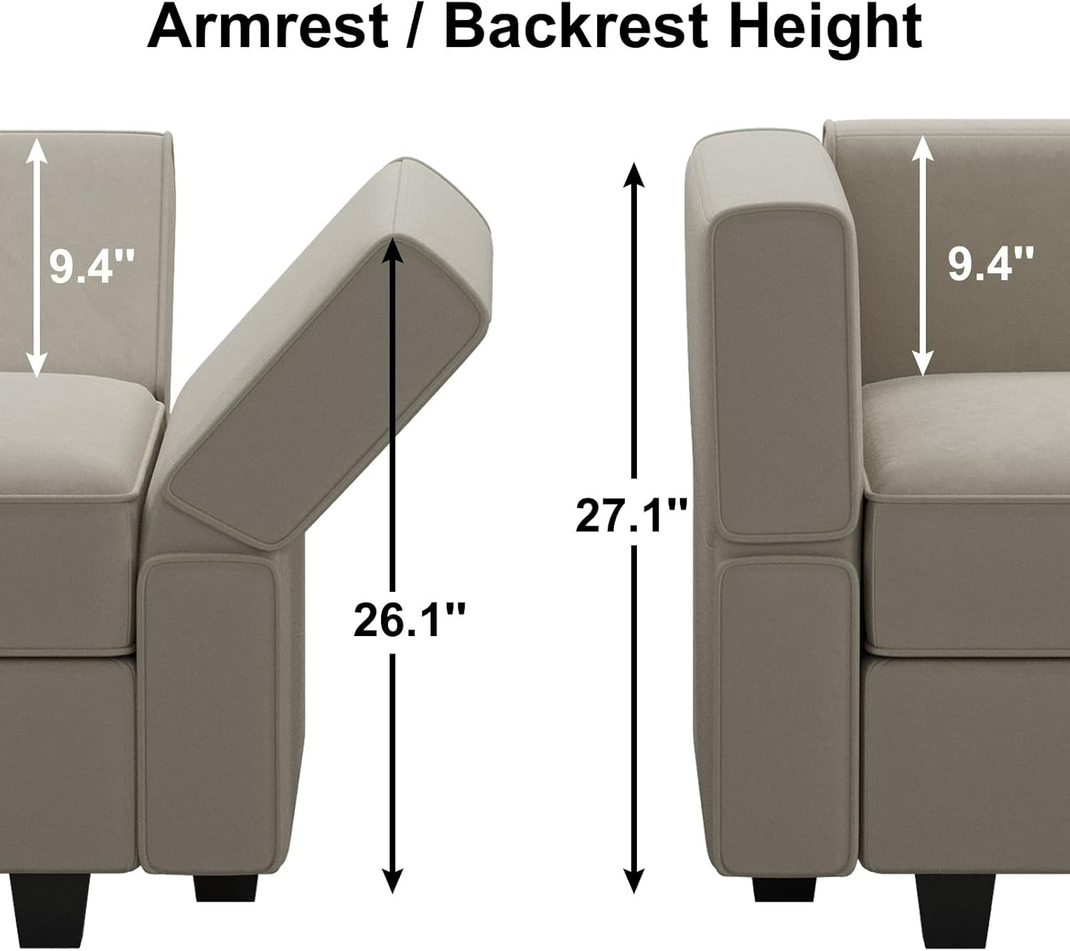 Measurement chart for armrest and backrest height of a gray sofa.