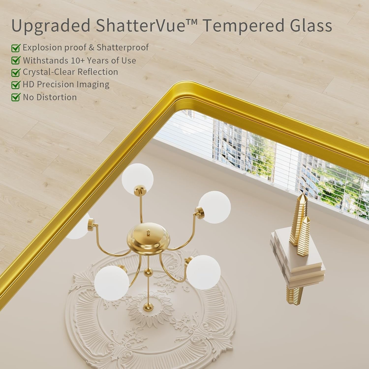 Gold chandelier with ShatterVue tempered glass on a reflective surface