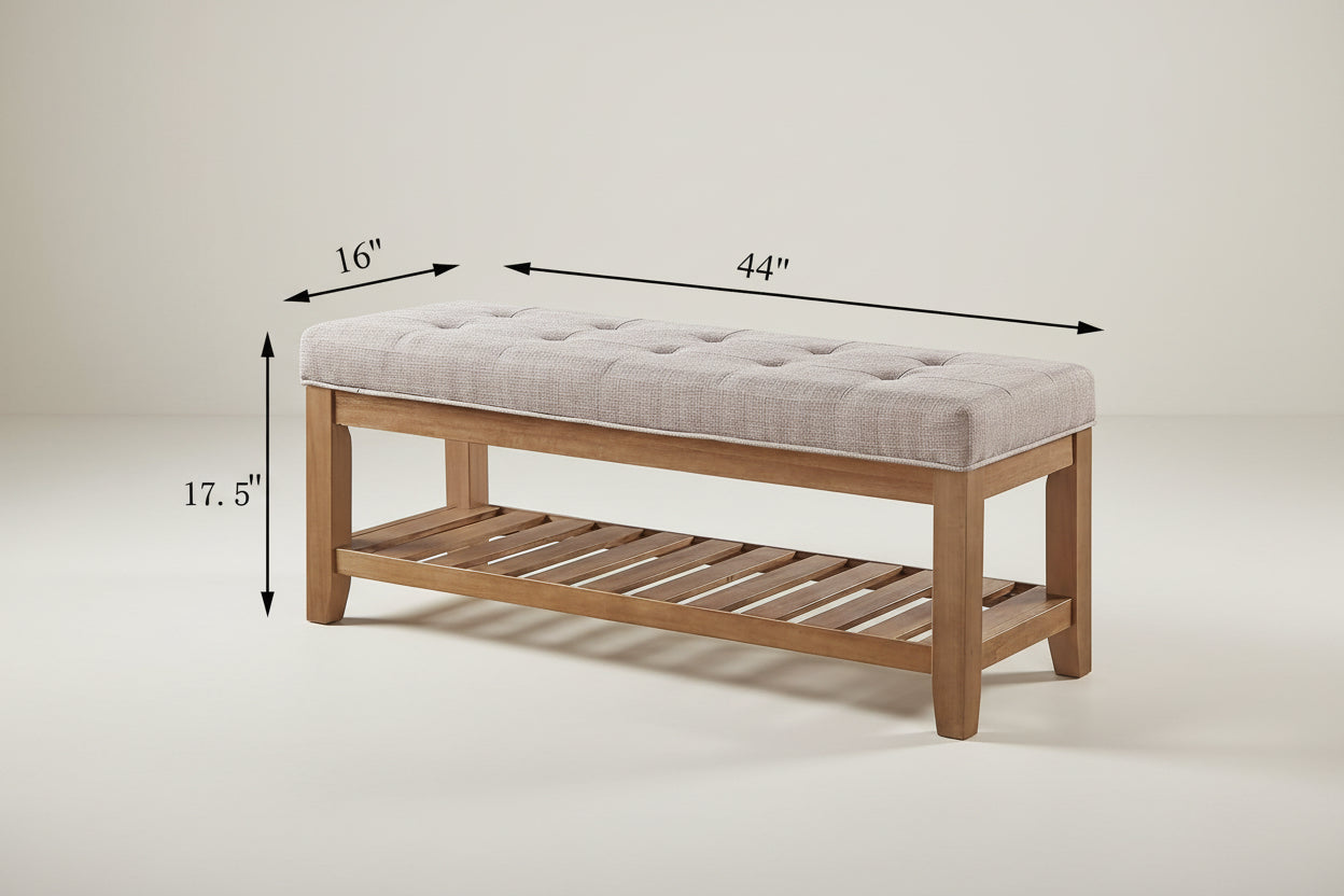 Wooden bench with upholstered seat and dimensions indicated
