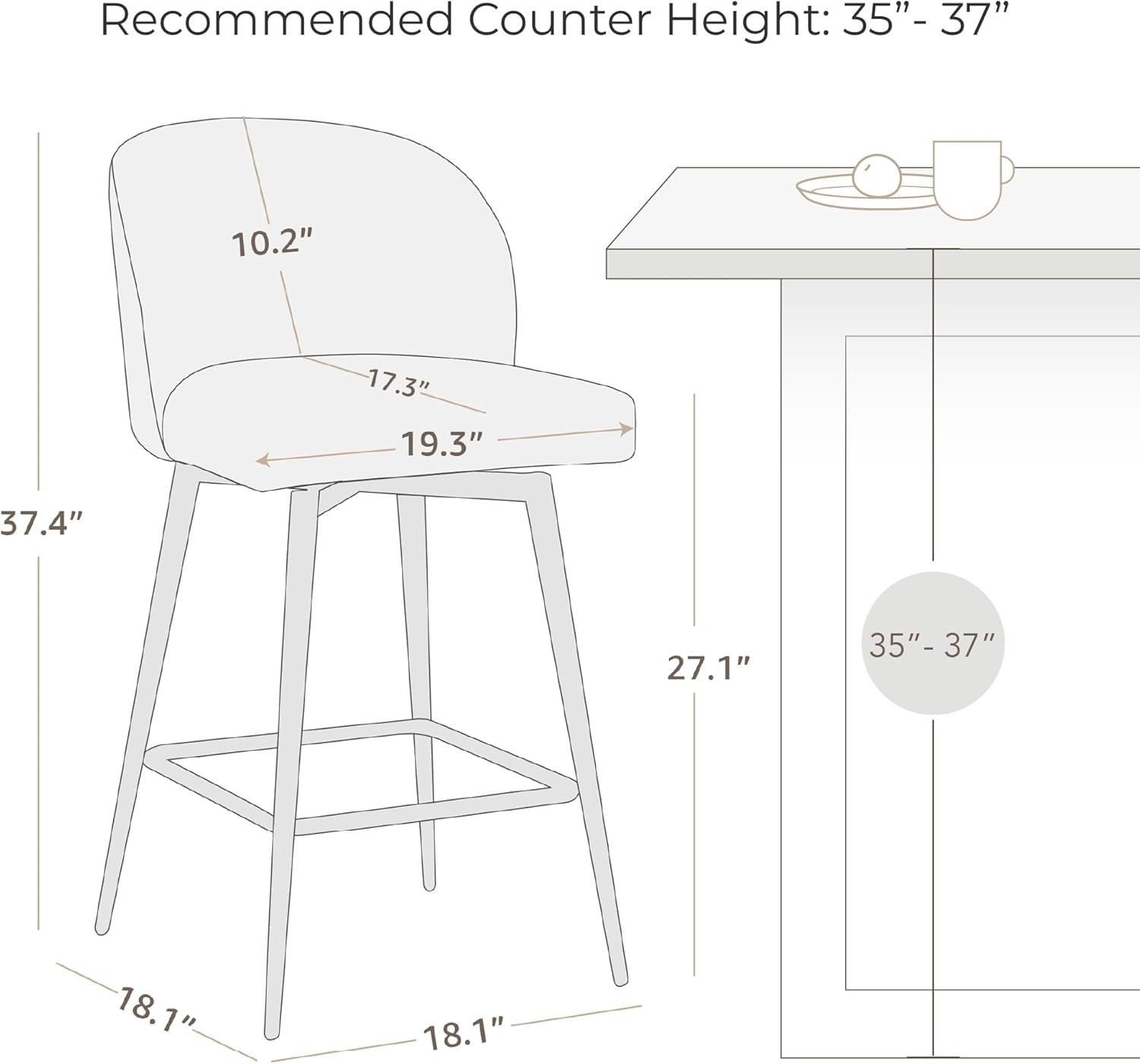 Bar stool with dimensions labeled on a white background