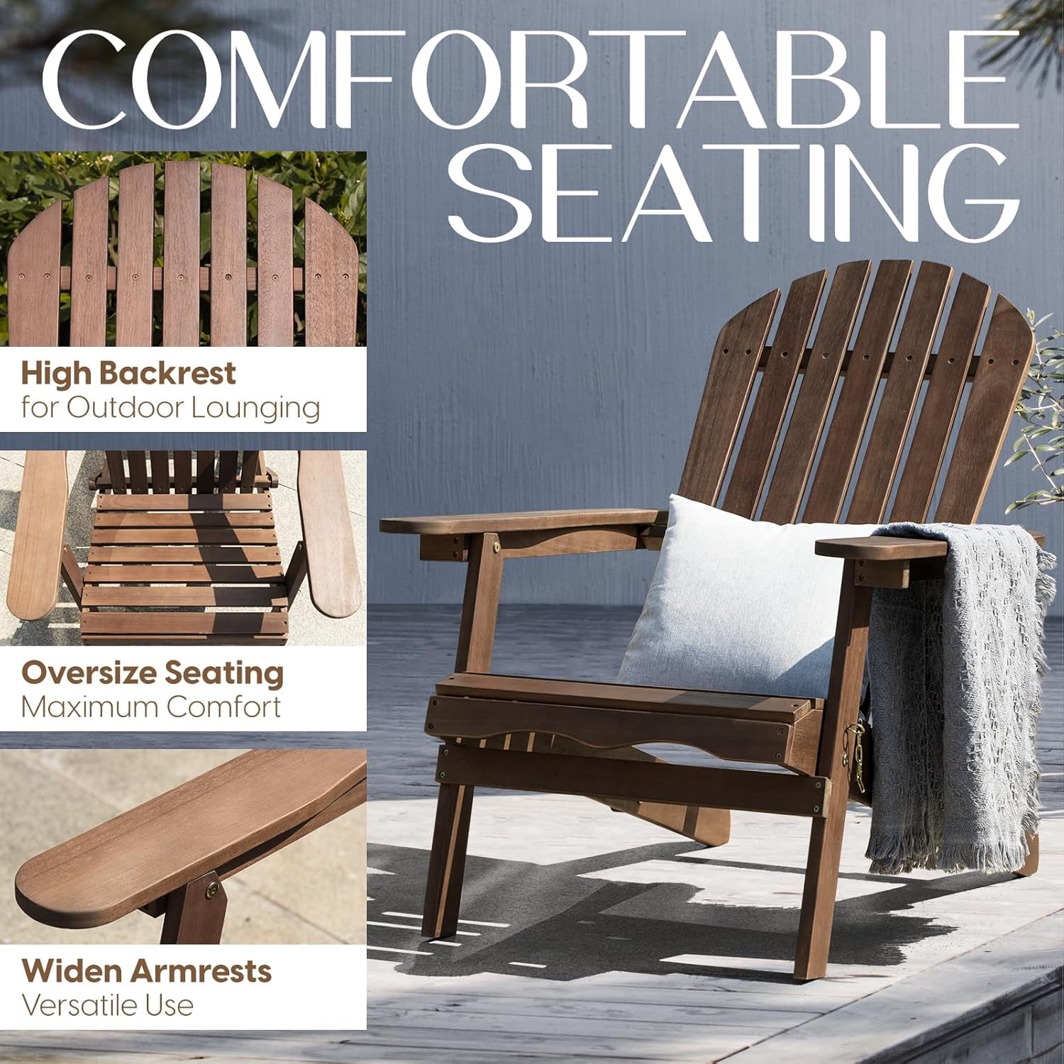 Wooden outdoor chair with text highlighting features on a patio background