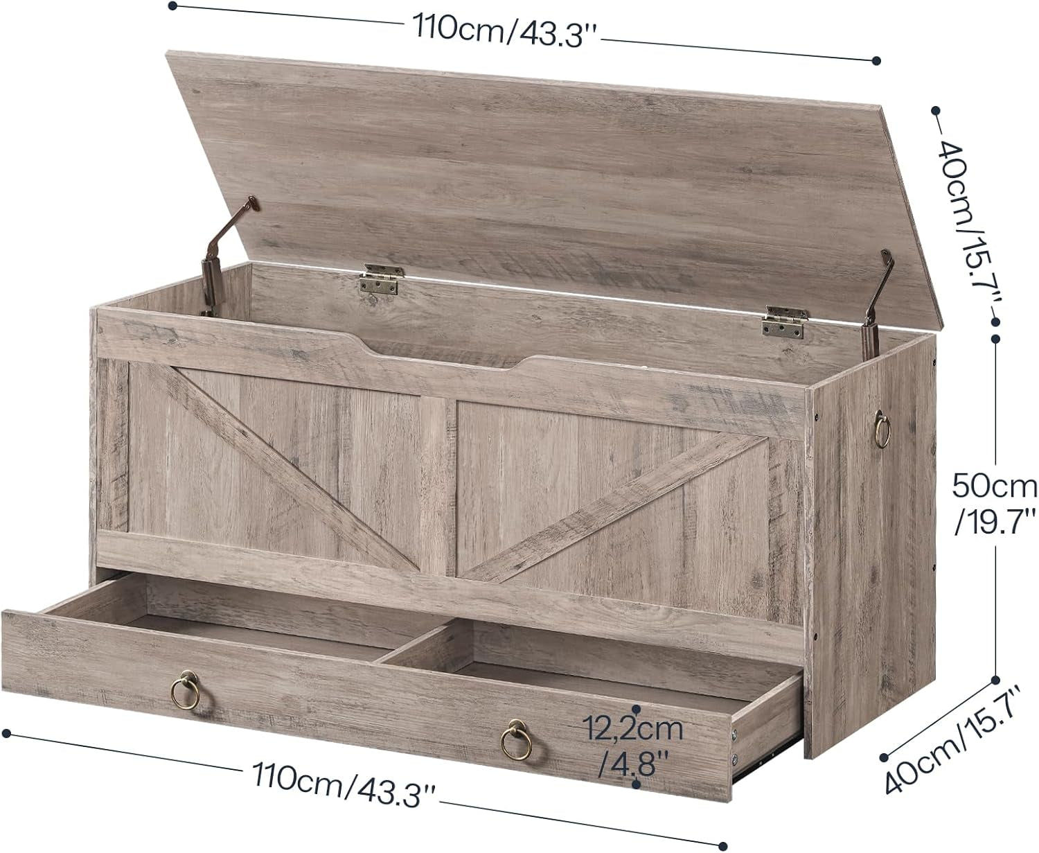 Wooden storage bench with dimensions labeled on a white background