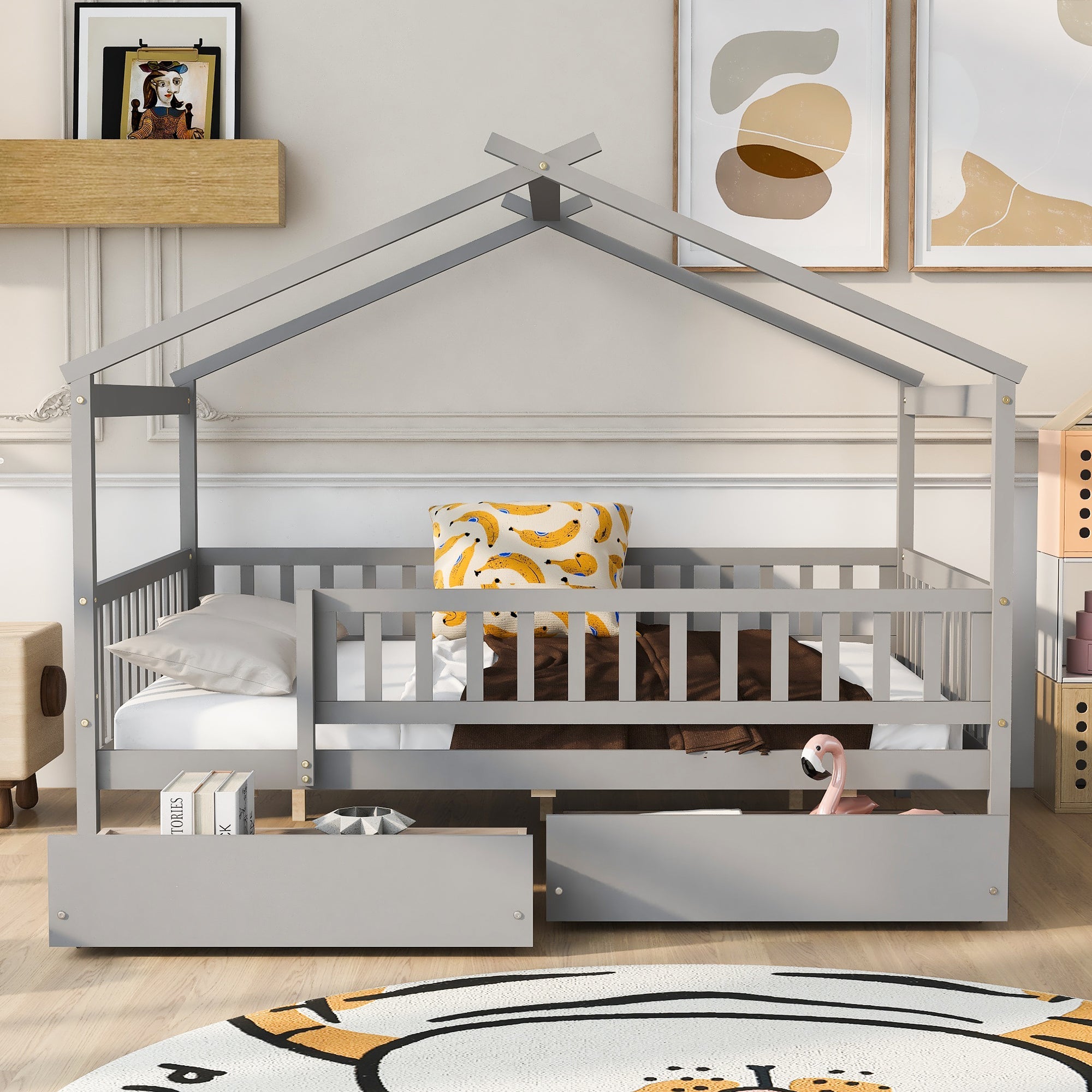 Full Size Wooden House Bed with Two Drawers