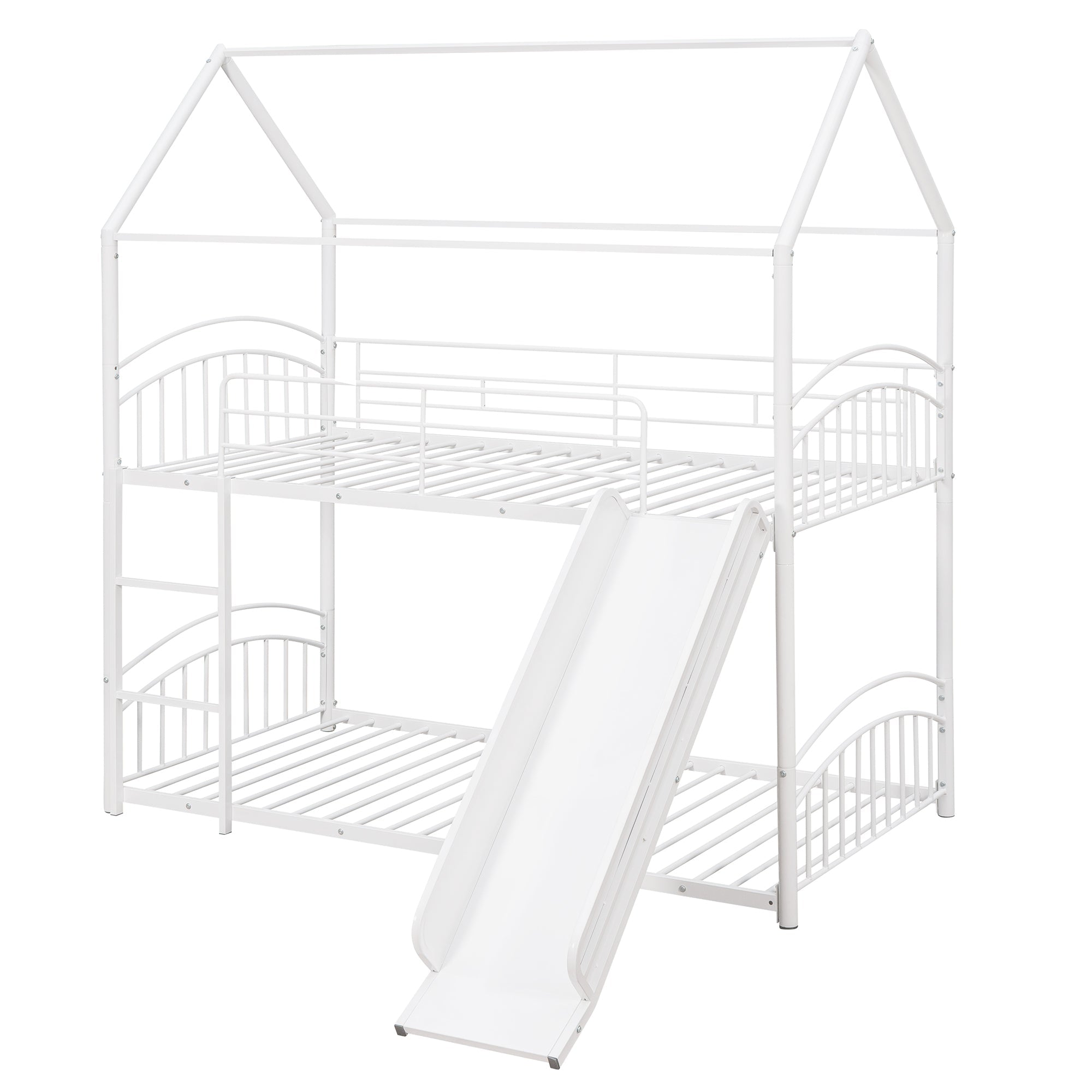Twin Over Twin Metal Bunk Bed With Slide, Kids House Bed