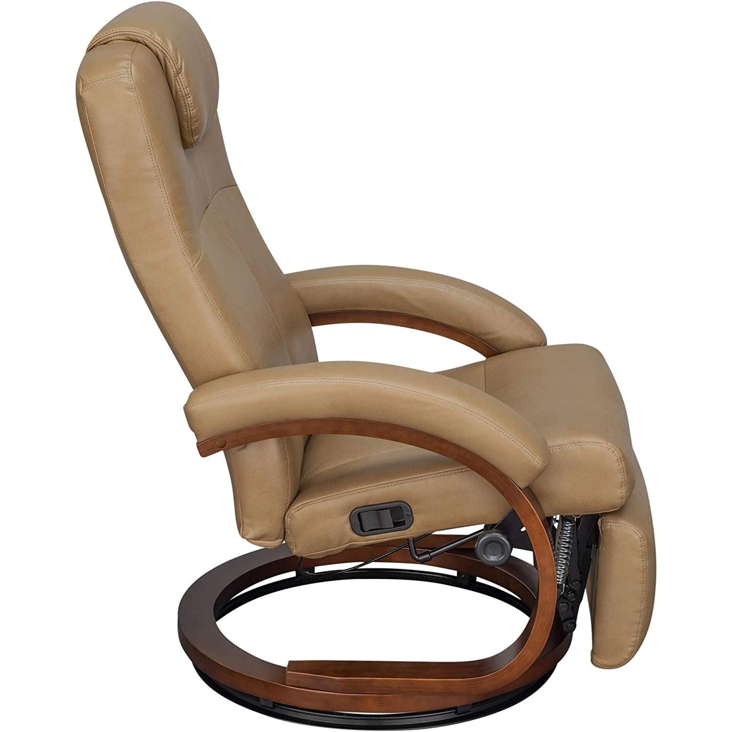 Beige recliner chair with wooden armrests on a white background