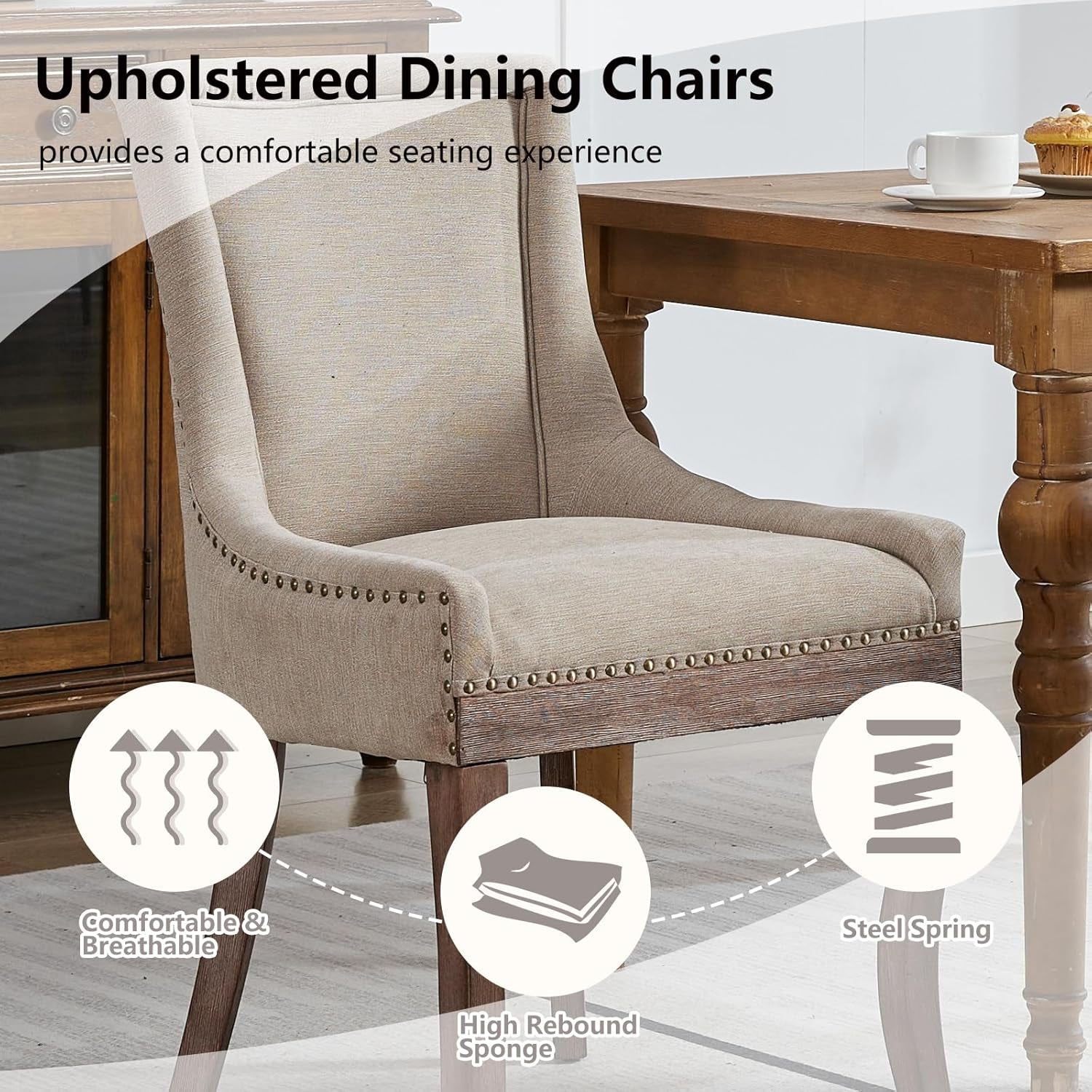 Beige upholstered dining chair with wooden legs on a table, featuring text and icons about chair comfort.