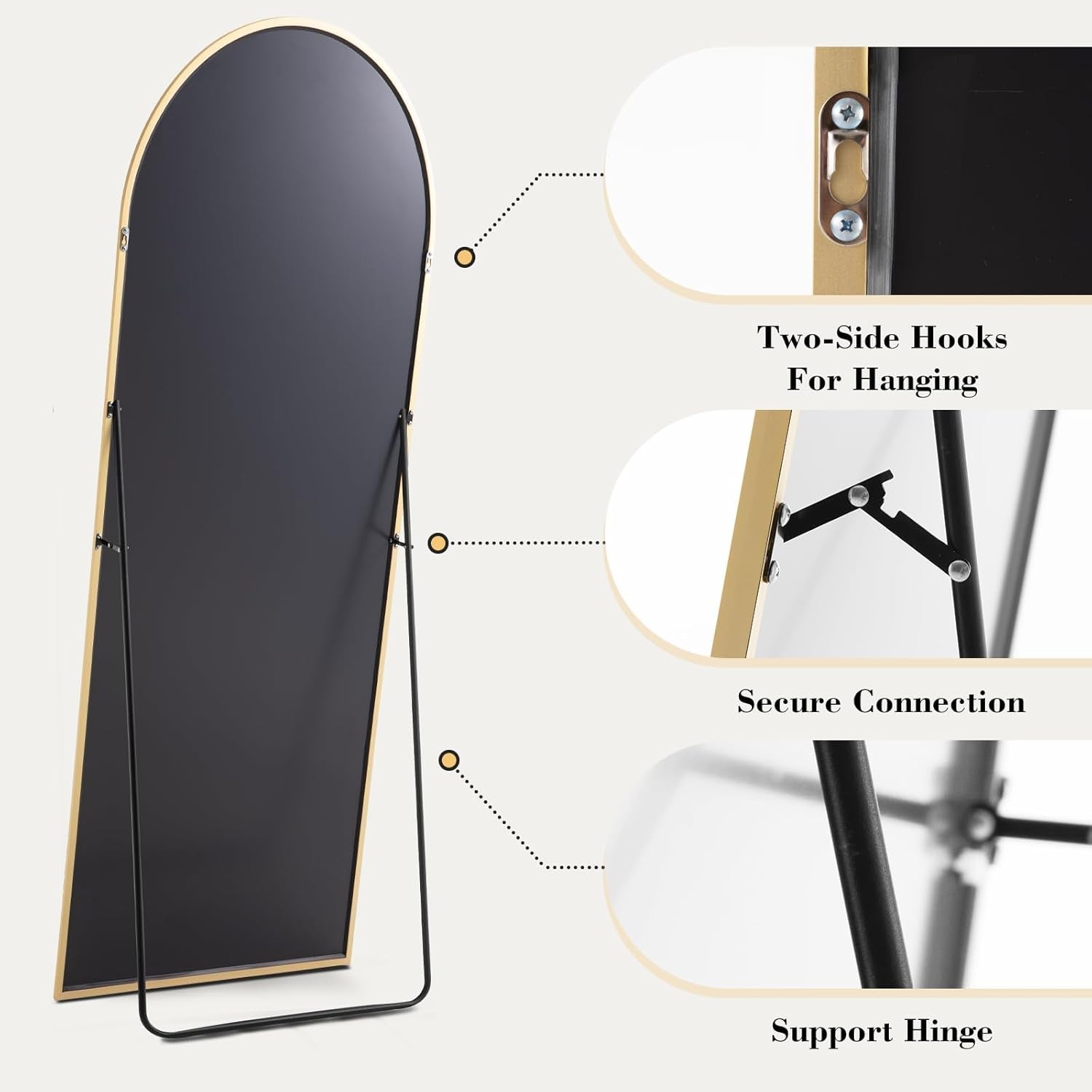 Black standing mirror with gold frame and text highlighting features on a white background