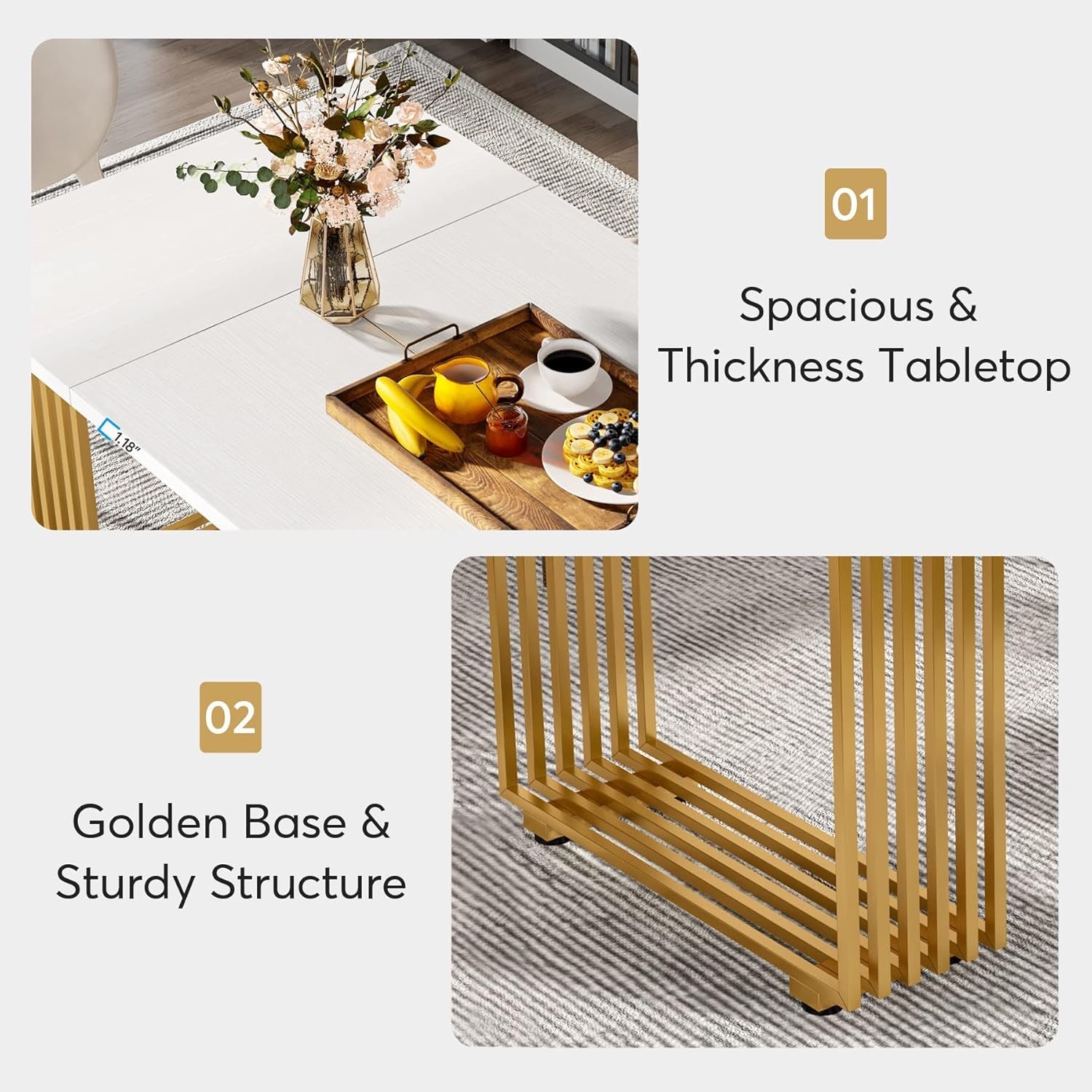 Wooden dining table with a tray of food and decor items, featuring text on spacious tabletop and golden base.