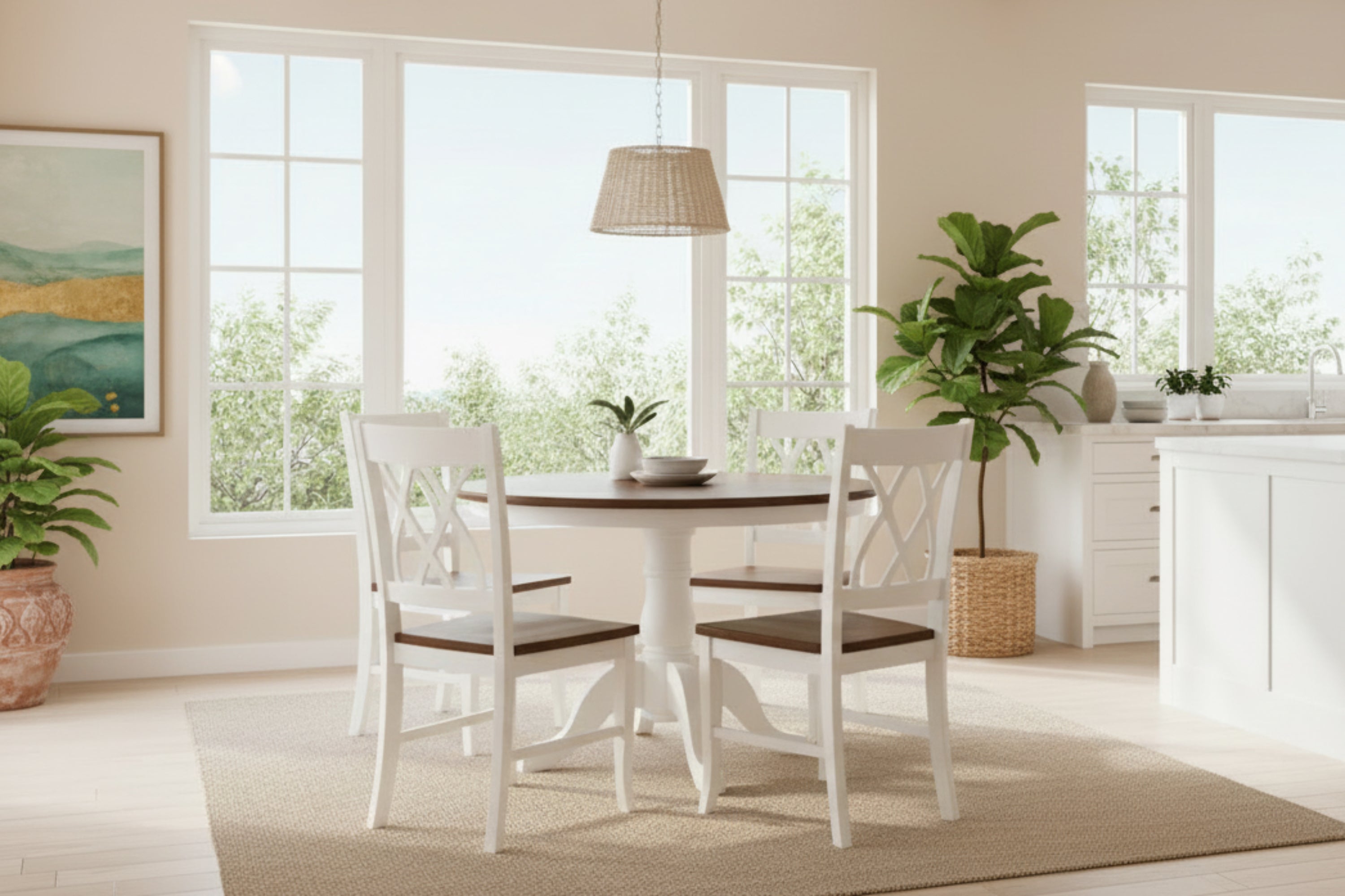 Dining room with a round wooden table and four matching chairs against an orange wall.