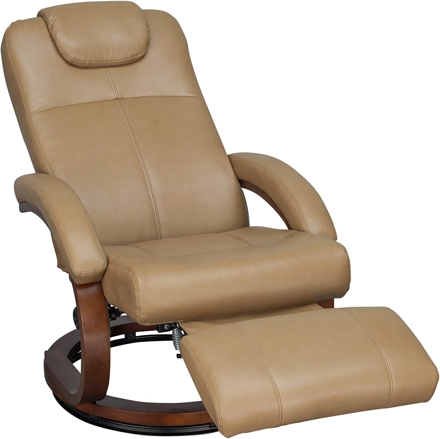 Beige leather recliner chair with ottoman on a white background