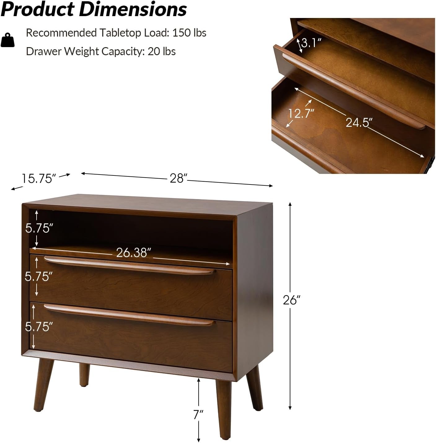 Wooden nightstand with dimensions labeled on a white background