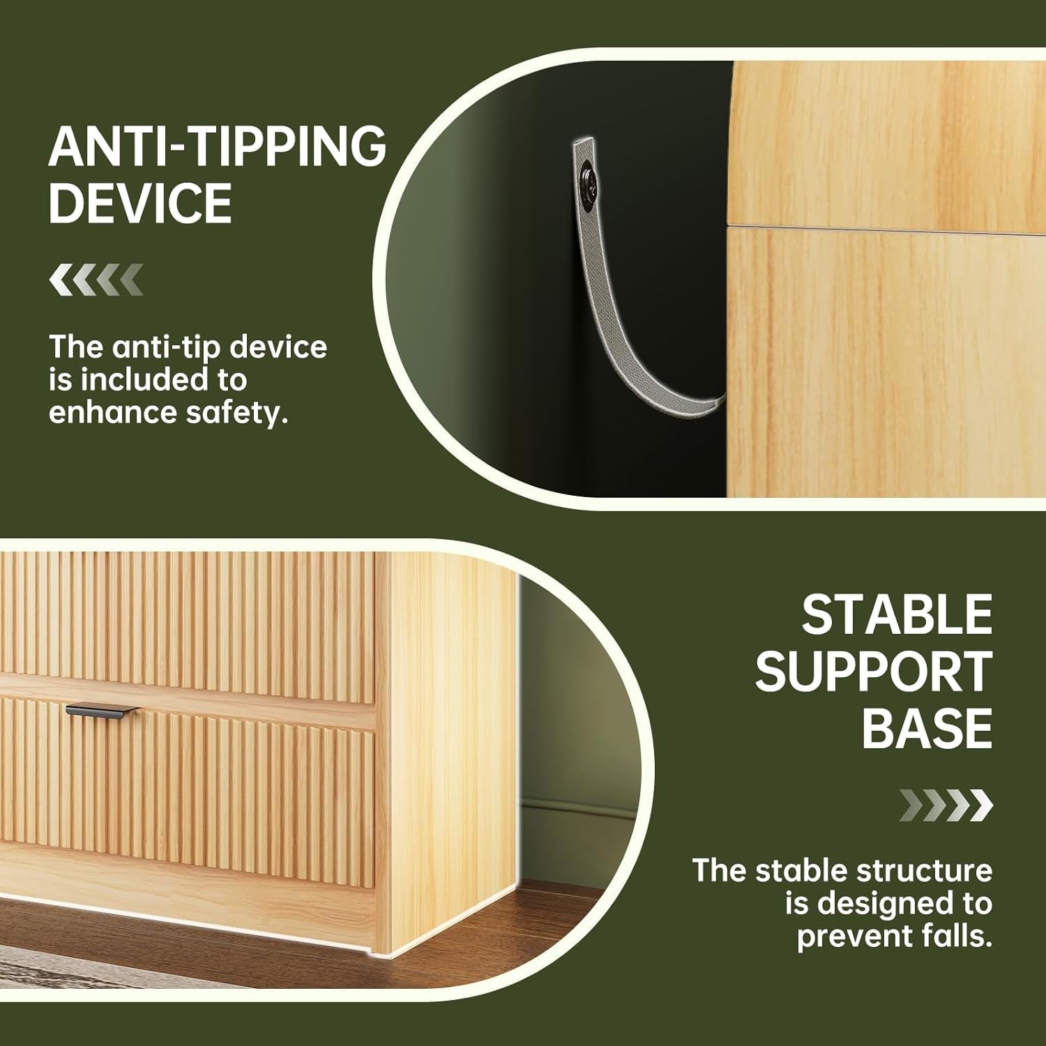 Wooden cabinet with anti-tipping device and stable support base on a green background