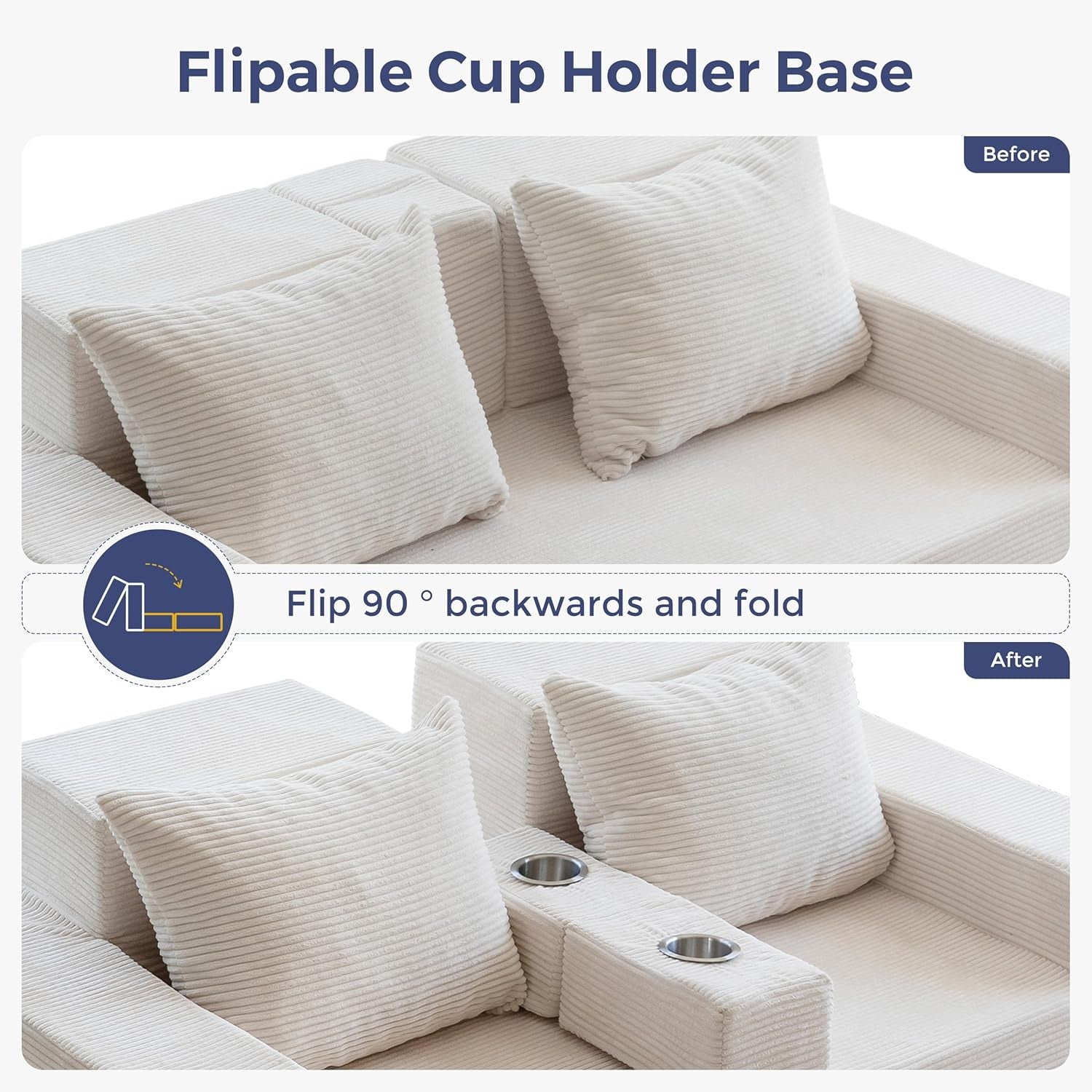 Beige Foldable Convertible Sleeper Sofa With CupHolders-4