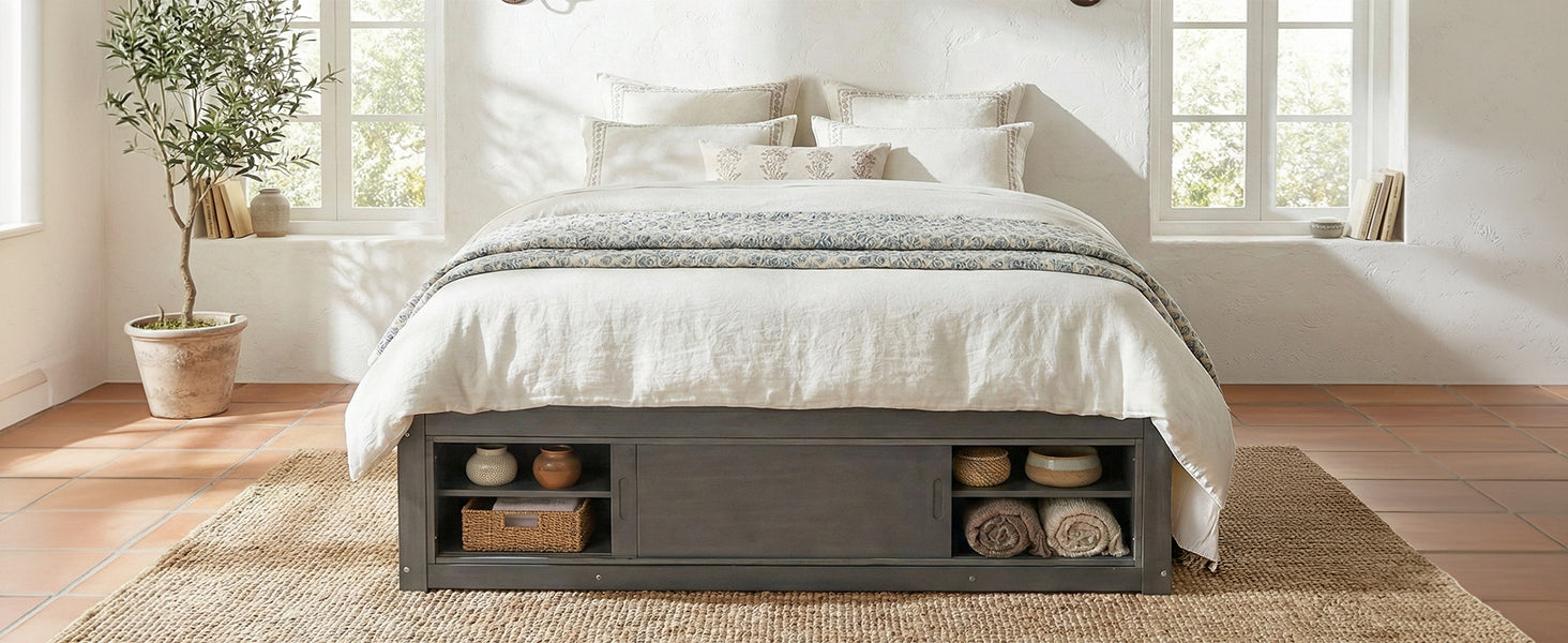 Platform Bed Frame with 4 Storage Drawers and Footboard Storage Cubby,