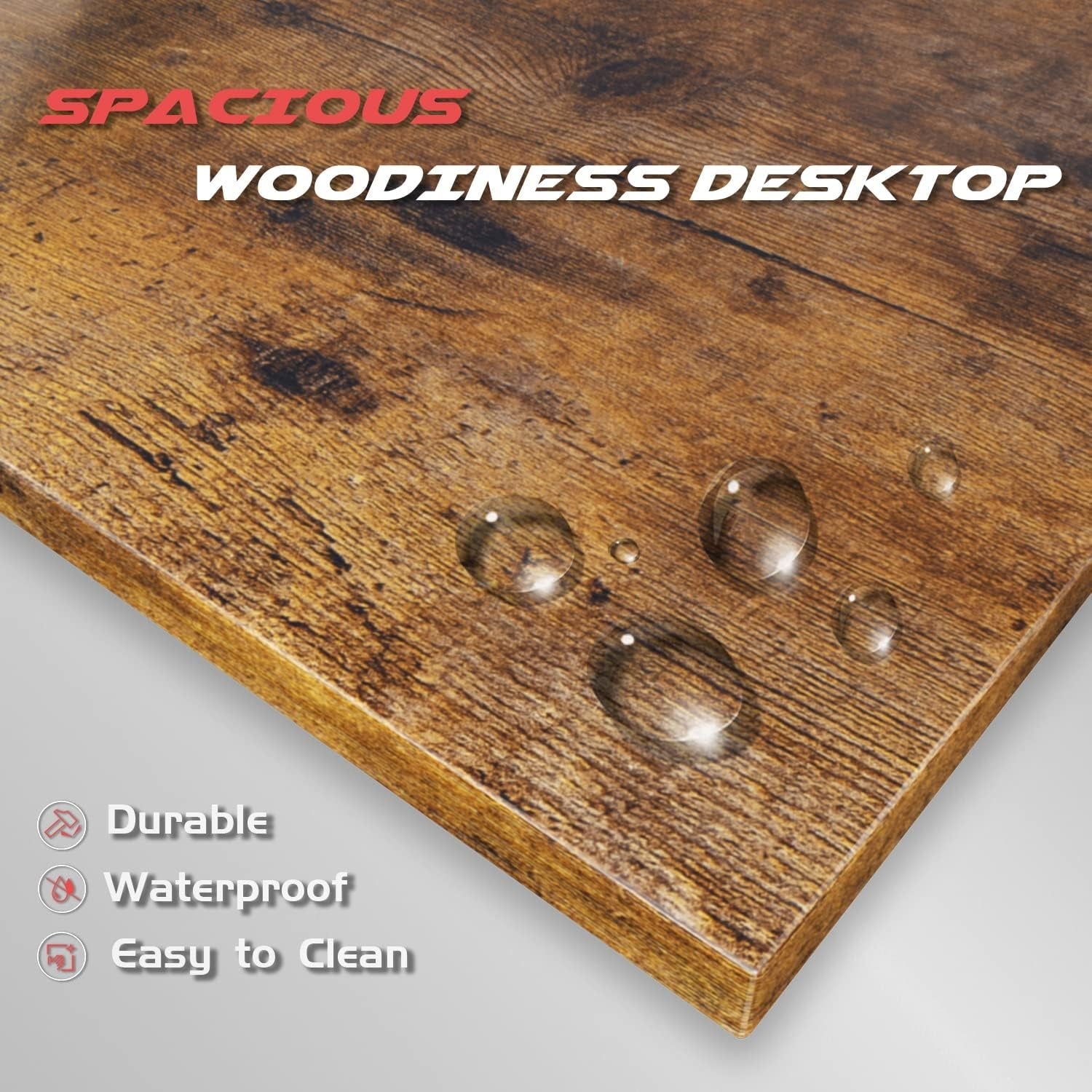 Wooden surface with water droplets and 'Spacious Woodiness Desktop' branding.