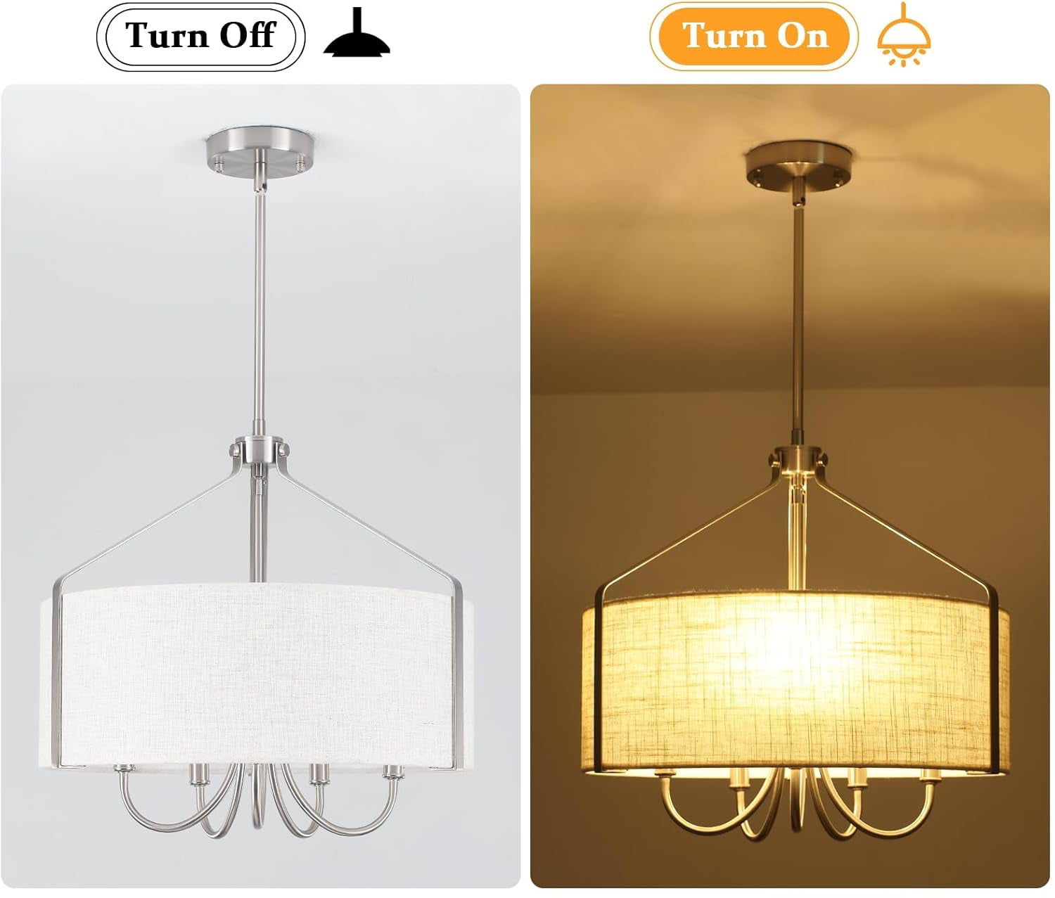 Comparison of a pendant light turned off and on, with text indicating dimmable feature.