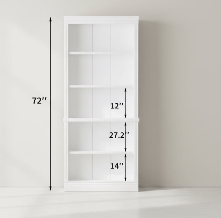 White bookshelf with dimensions labeled on a white background