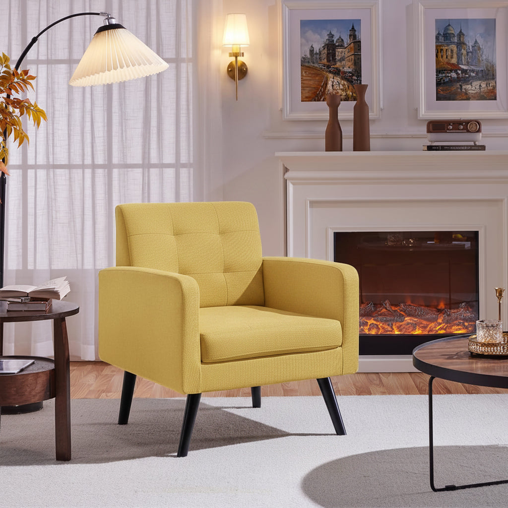 Woman reading a book in a cozy living room with a fireplace and decorative elements.