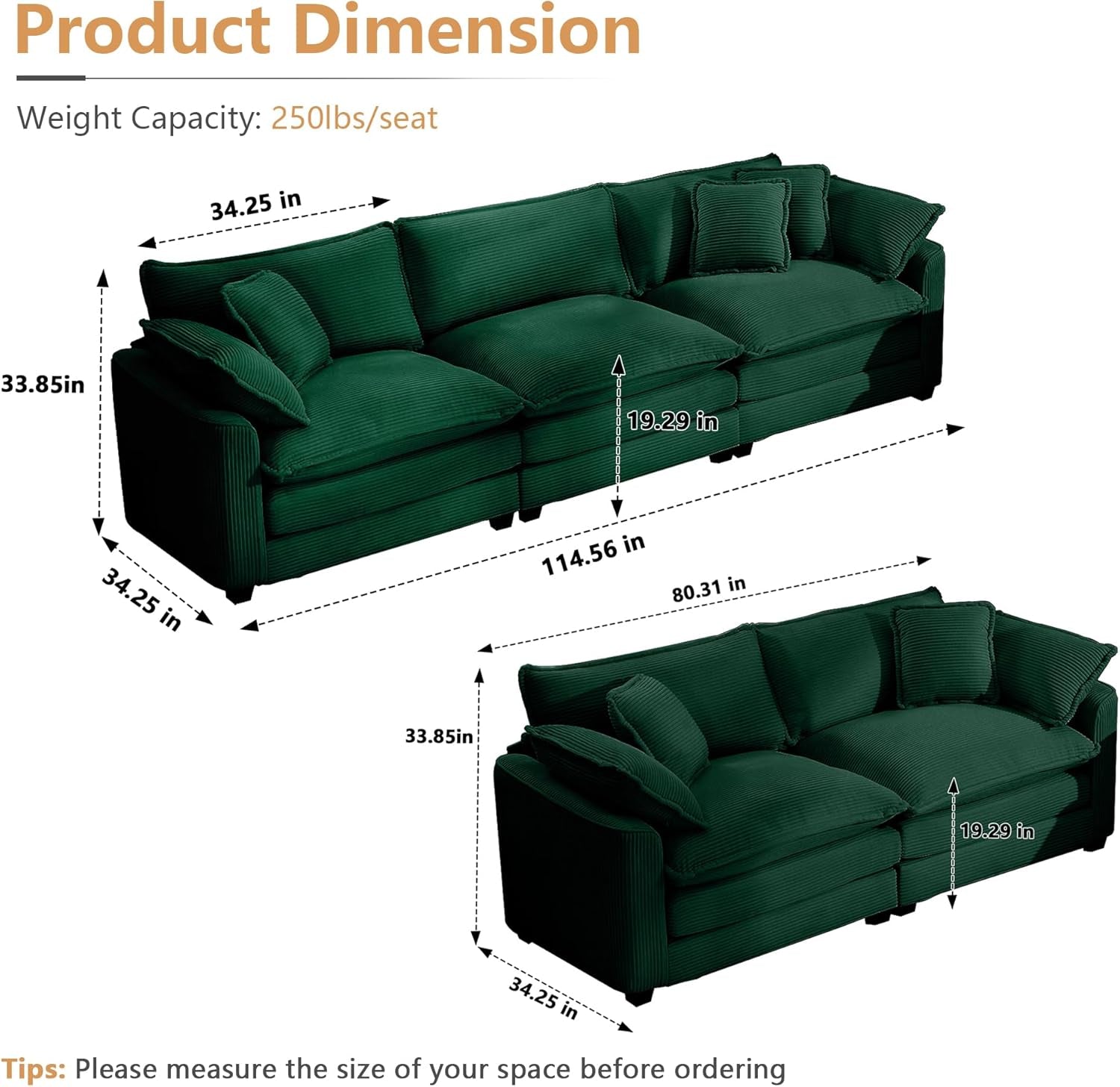 Green sectional sofa with dimensions on a white background