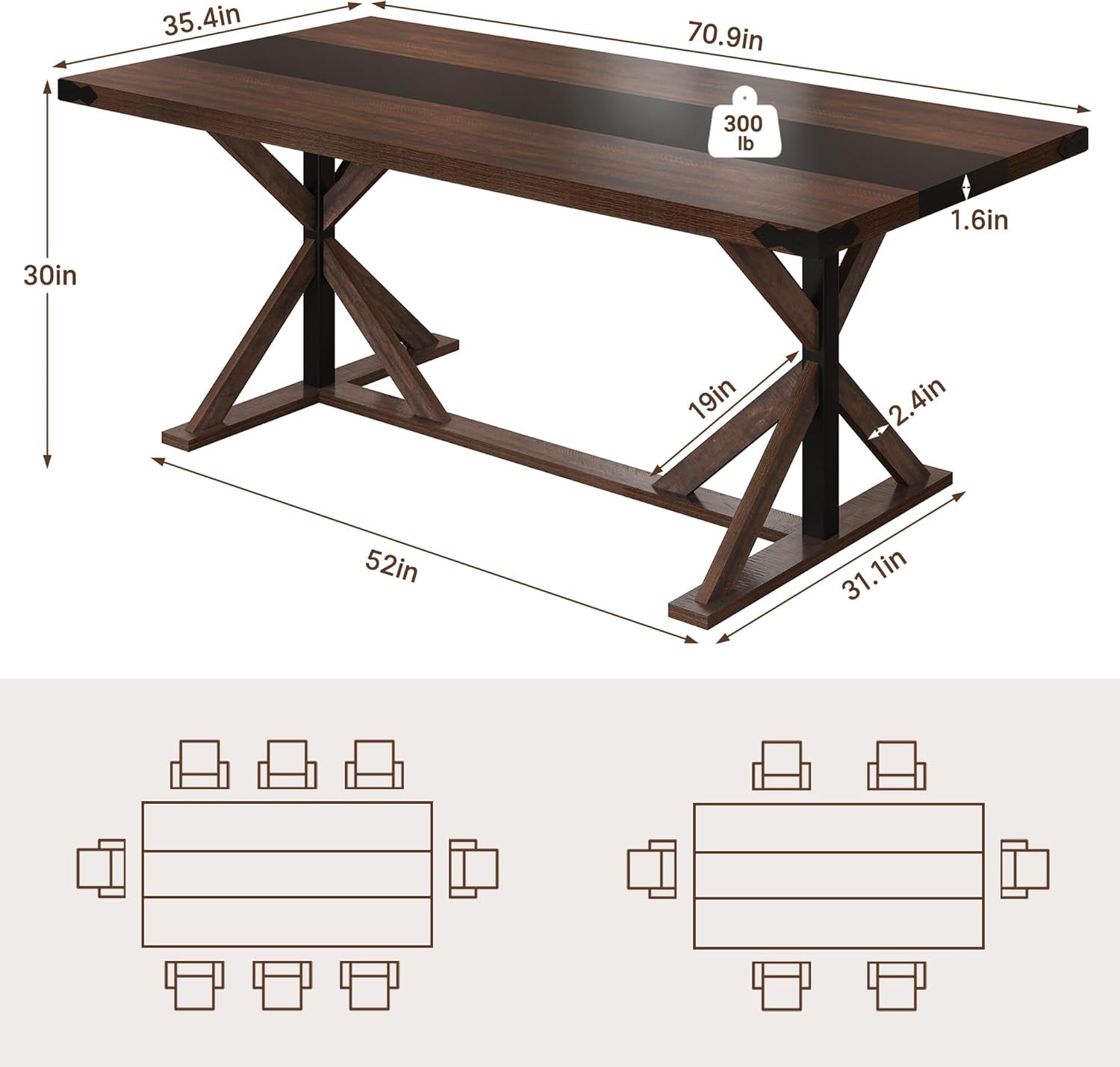 Wooden dining table with dimensions and seating arrangements shown below.