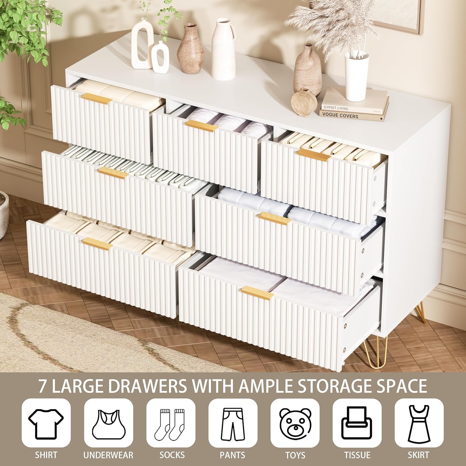 White storage cabinet with multiple drawers in a room setting.