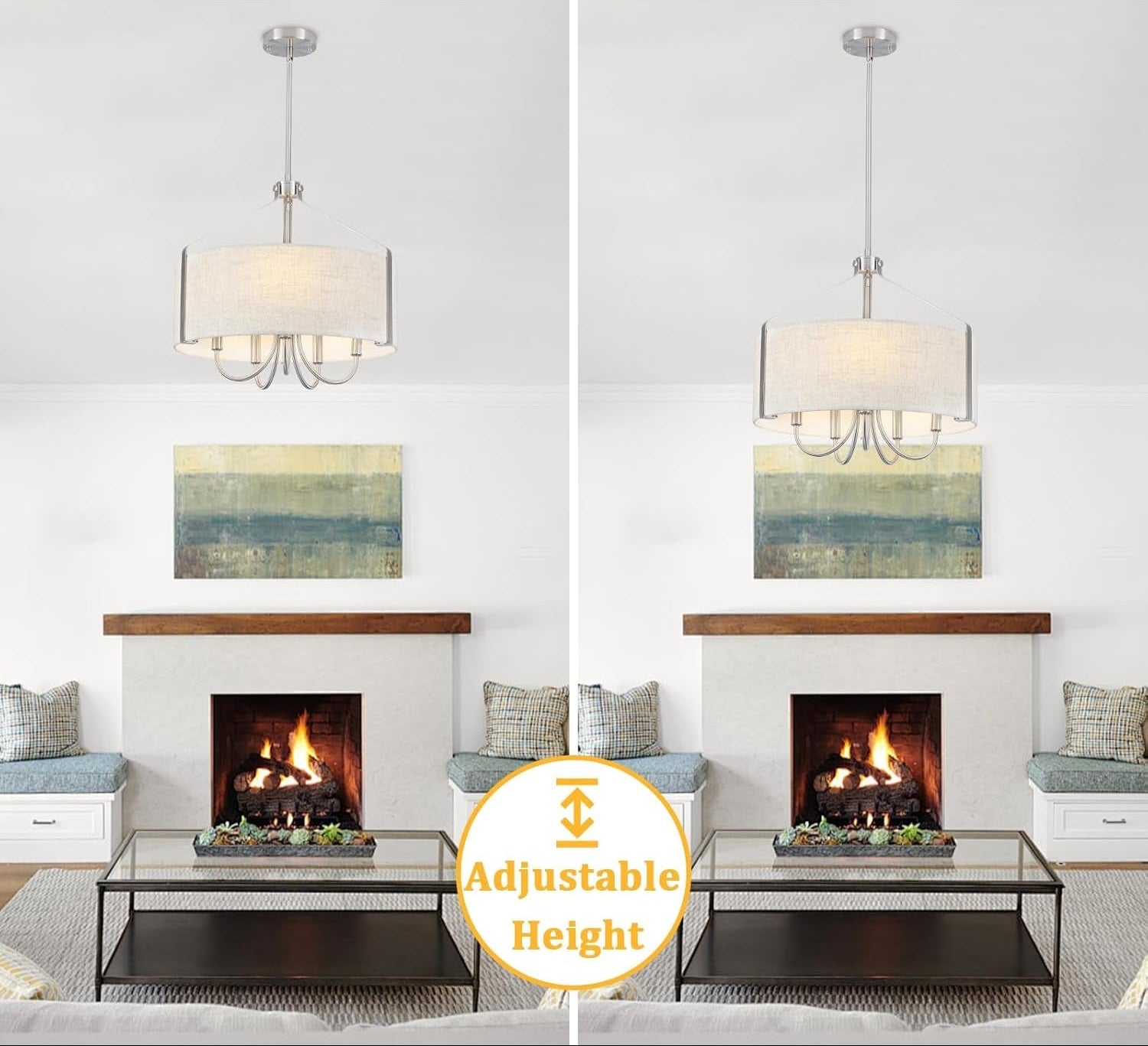 Living room with fireplace, chandelier, and abstract painting on a white wall.