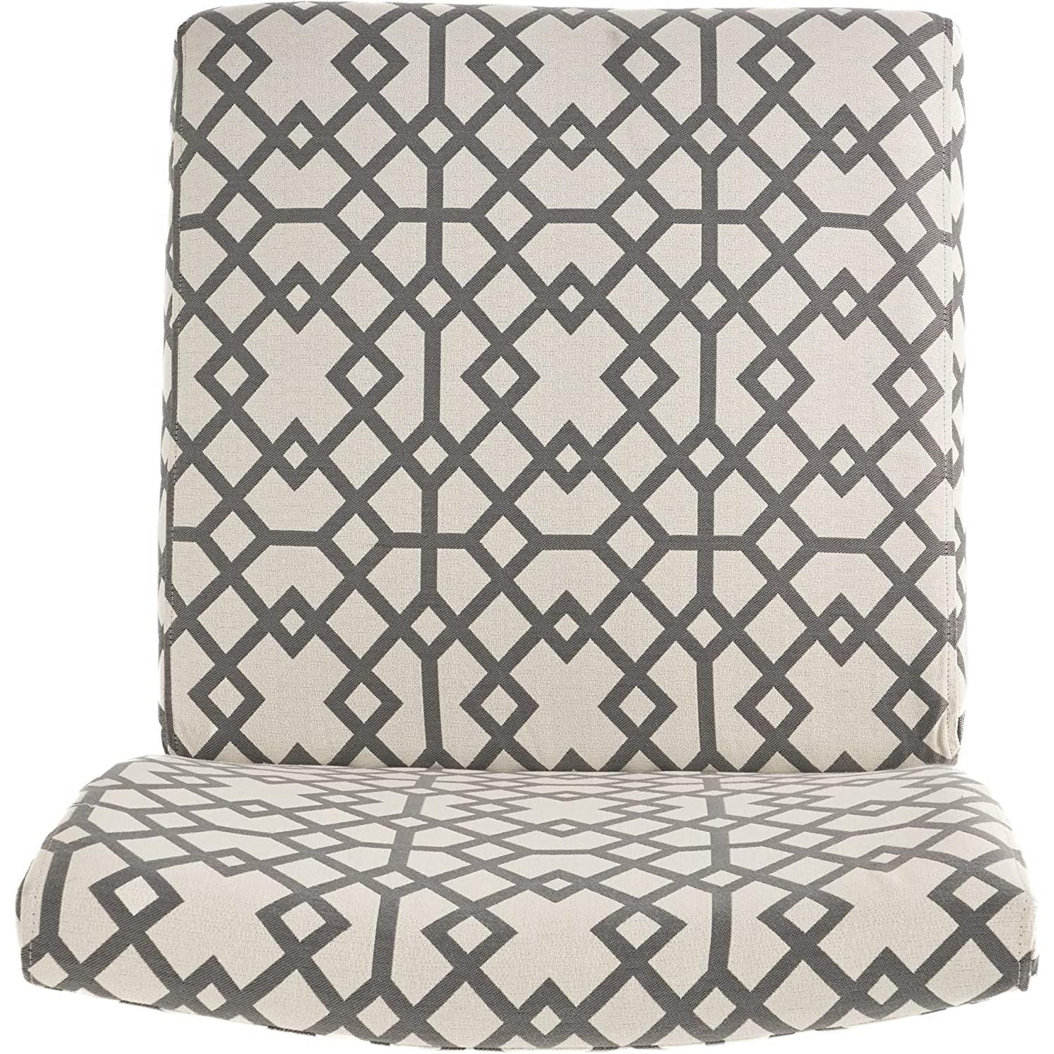 Geometric patterned chair cushions on a white background