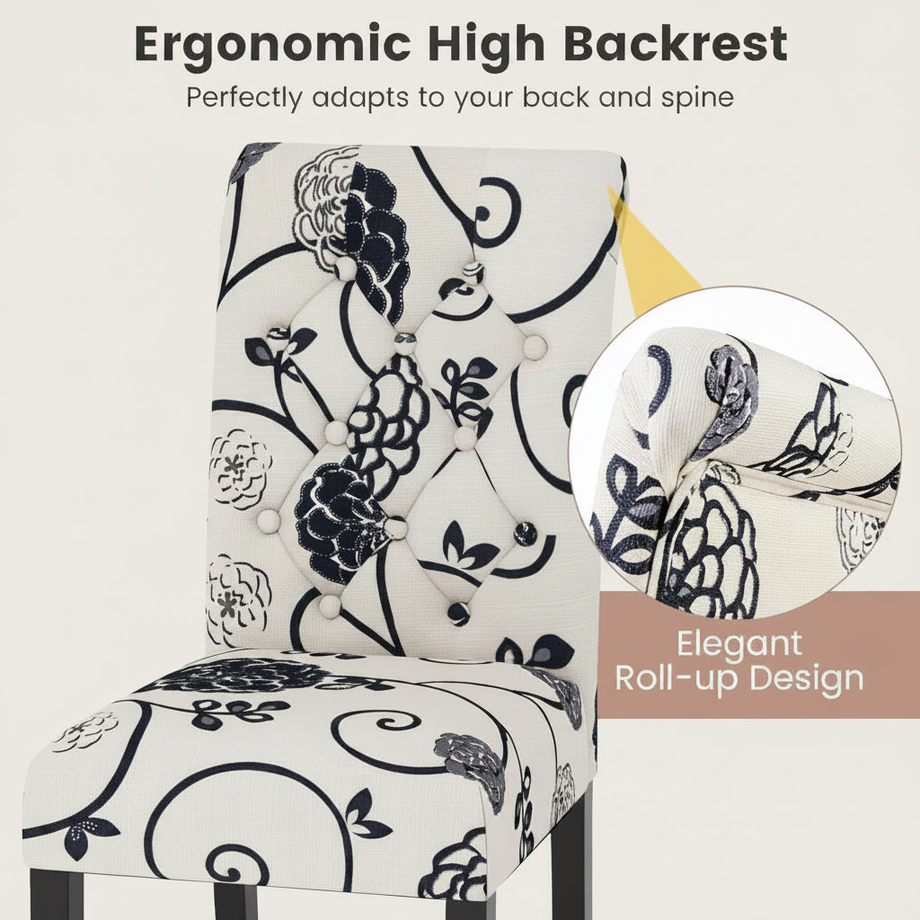 Chair with ergonomic high backrest and floral pattern, featuring text about its design and benefits.