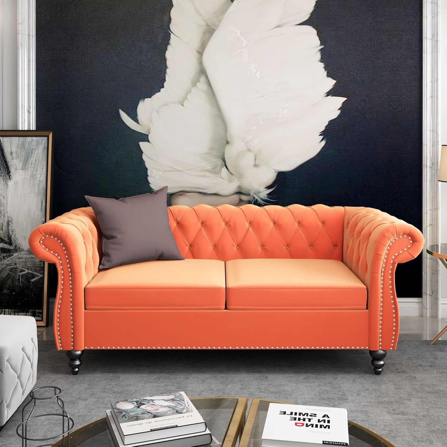 Three Piece Orange Sectional Sofa Set Tufted Living Room-3