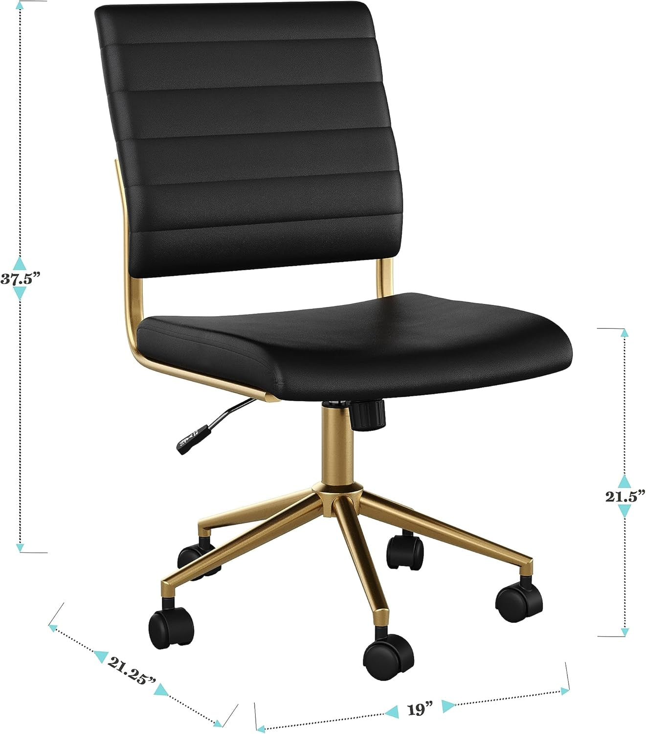 Black office chair with gold base and dimensions on a white background