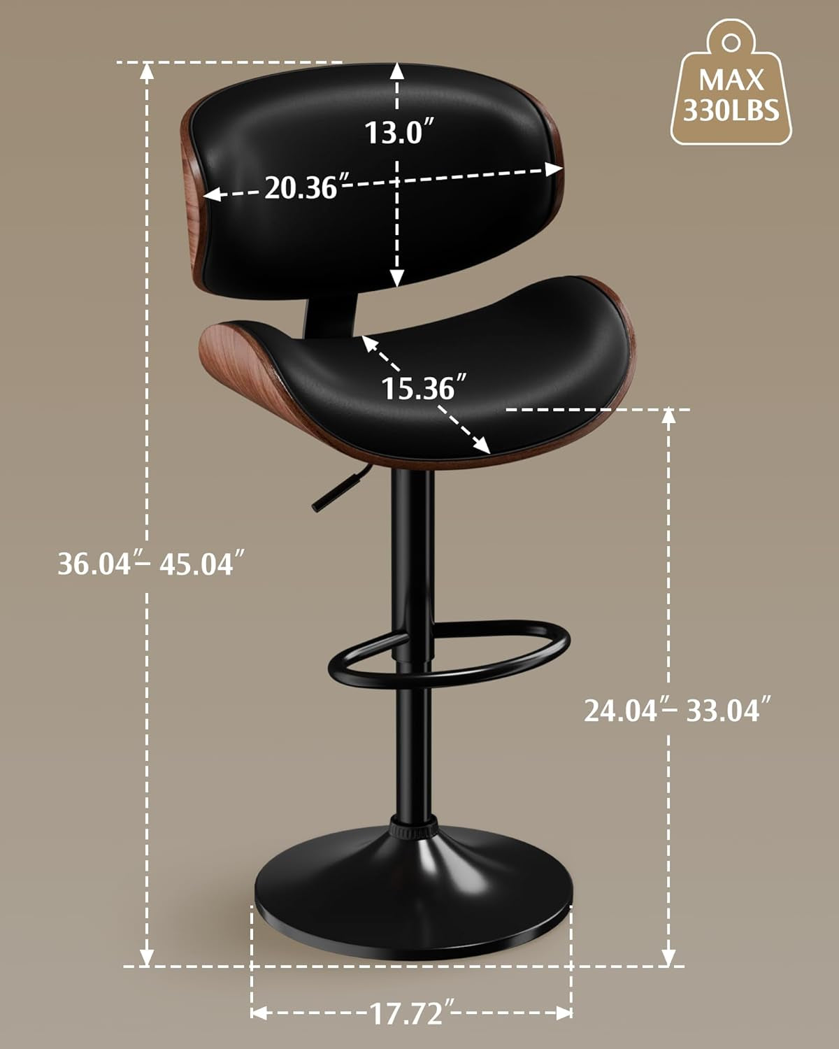 Bar stool with dimensions and weight capacity on a beige background