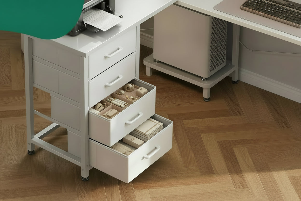 White office desk with fabric drawers and a close-up of smooth slide mechanism, Moodk brand visible.