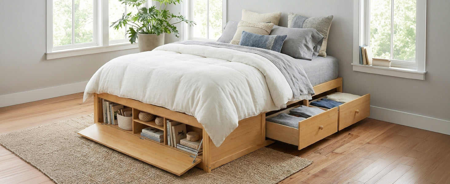 Platform Bed Frame with 4 Storage Drawers and Hydraulic Lift Footboard