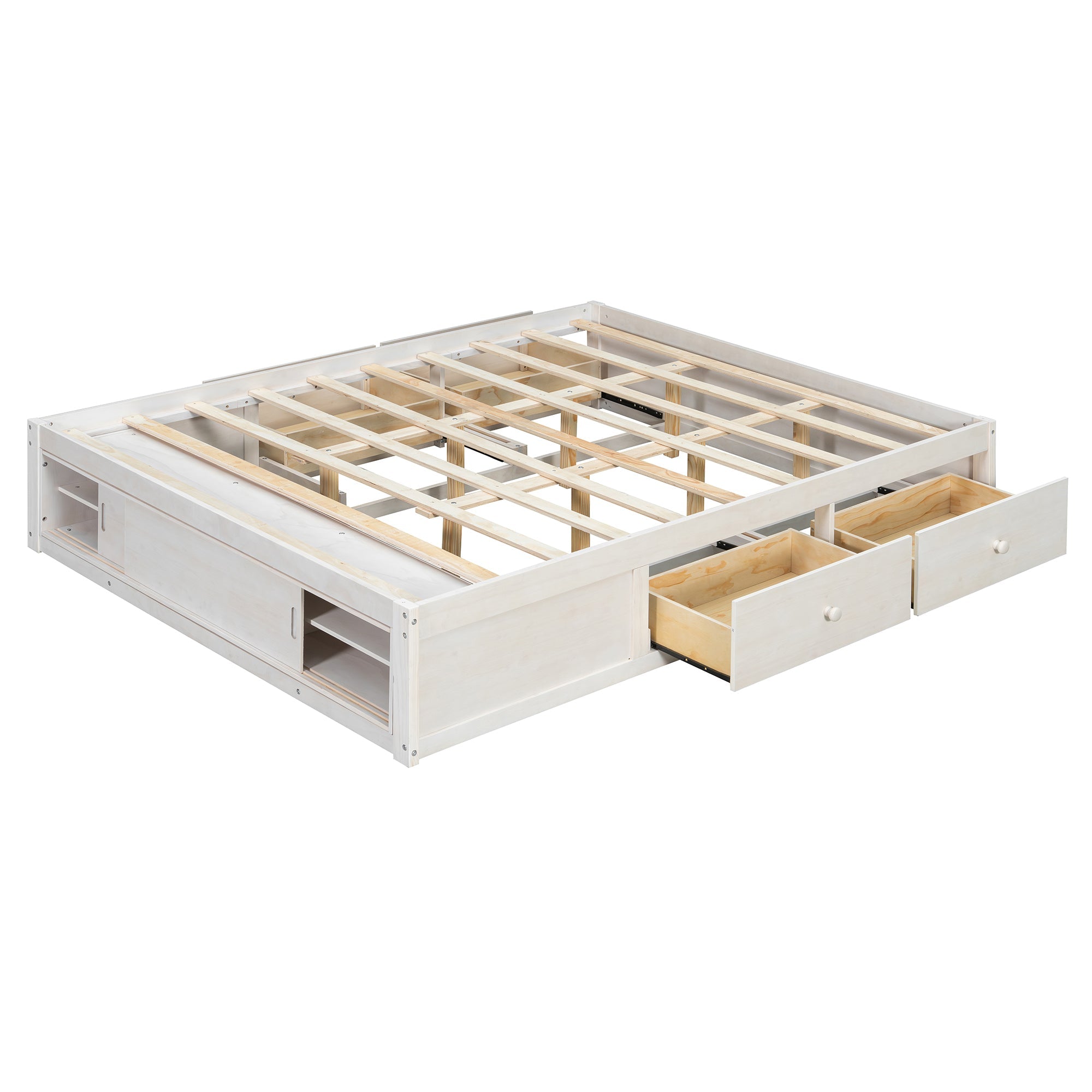 Platform Bed Frame with 4 Storage Drawers and Footboard Storage Cubby,