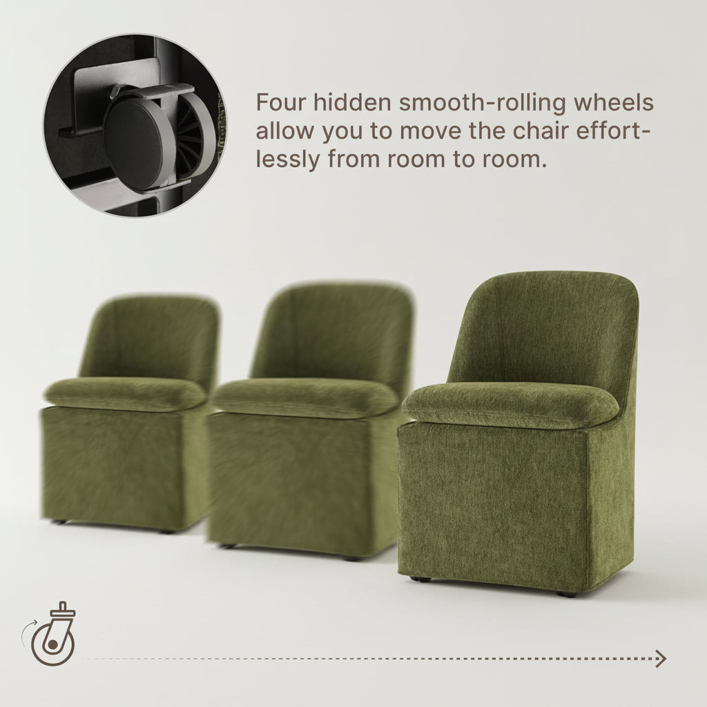 Green upholstered chairs with smooth-rolling wheels on a white background