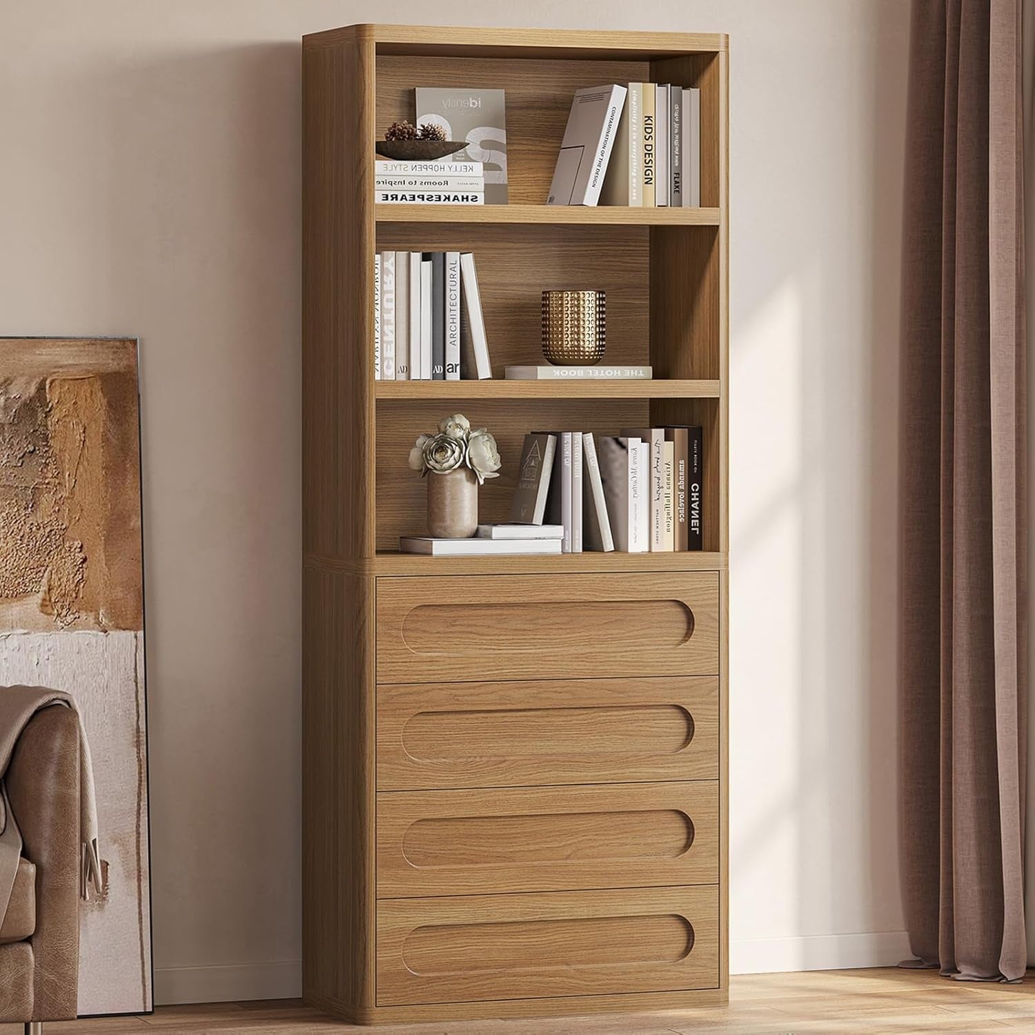 Wooden bookshelf with books and decor items against a neutral wall.