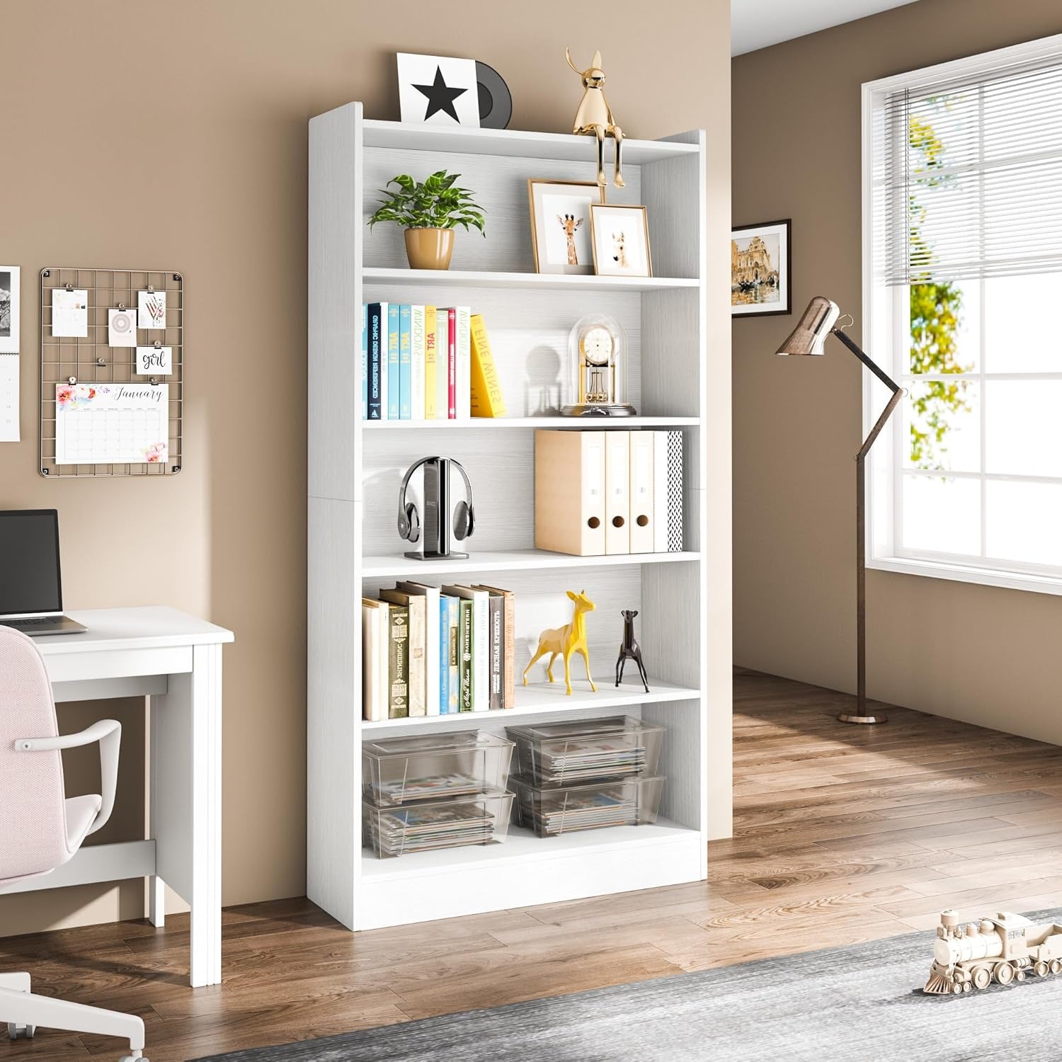 White bookshelf with books and decorative items in a room with a desk and window.