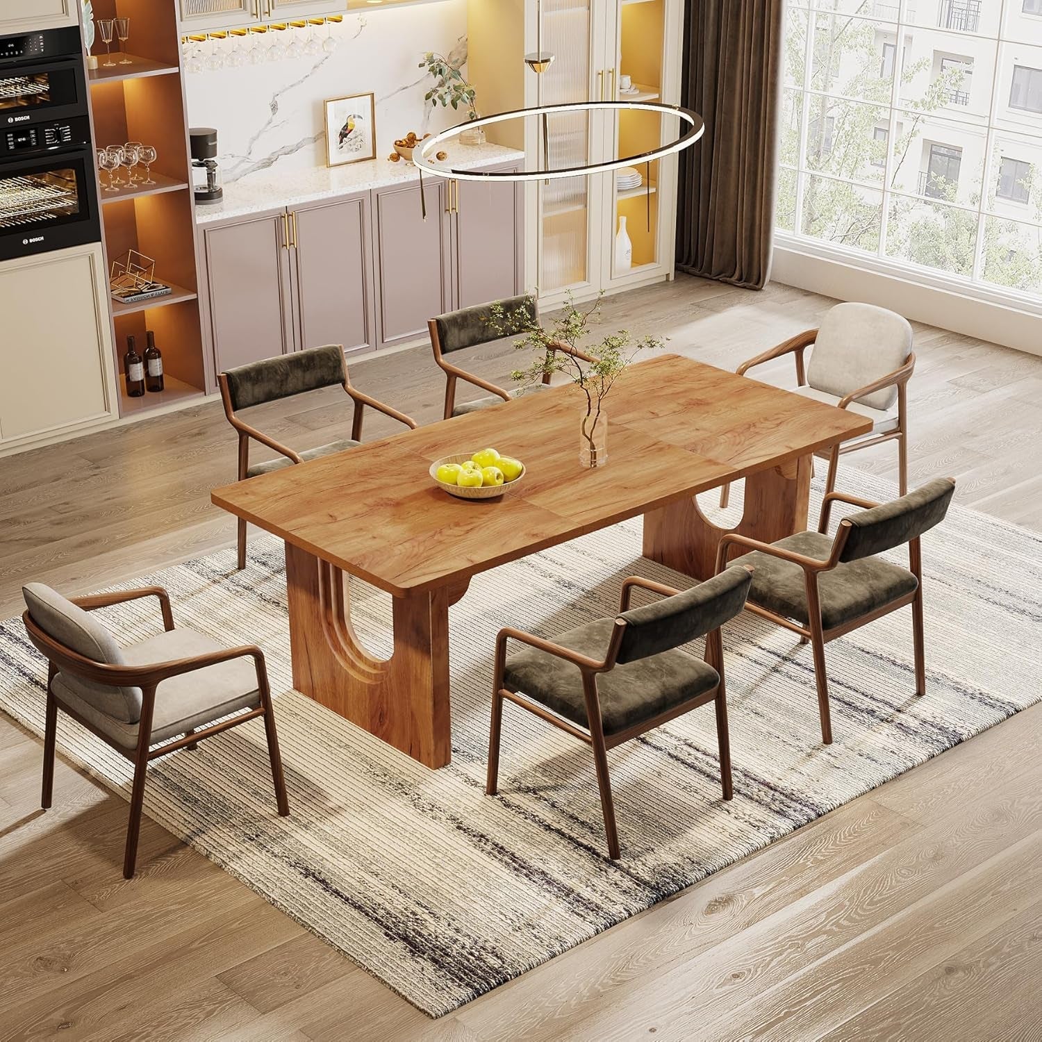 Dining room with wooden table and chairs in a modern kitchen setting